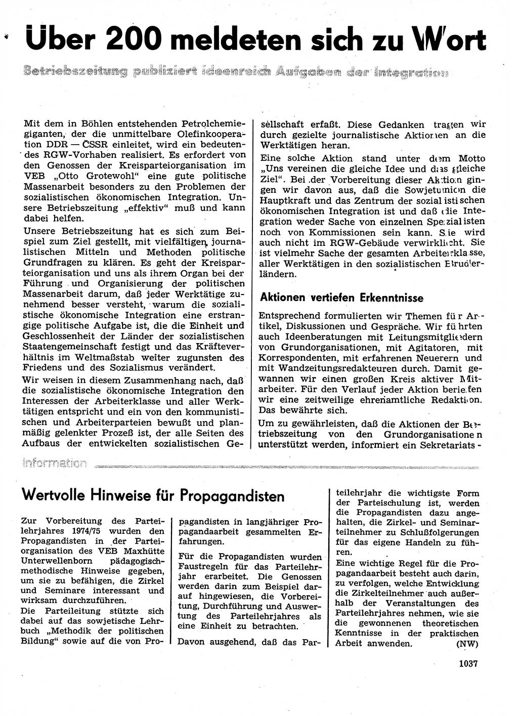 Neuer Weg (NW), Organ des Zentralkomitees (ZK) der SED (Sozialistische Einheitspartei Deutschlands) für Fragen des Parteilebens, 29. Jahrgang [Deutsche Demokratische Republik (DDR)] 1974, Seite 1037 (NW ZK SED DDR 1974, S. 1037)