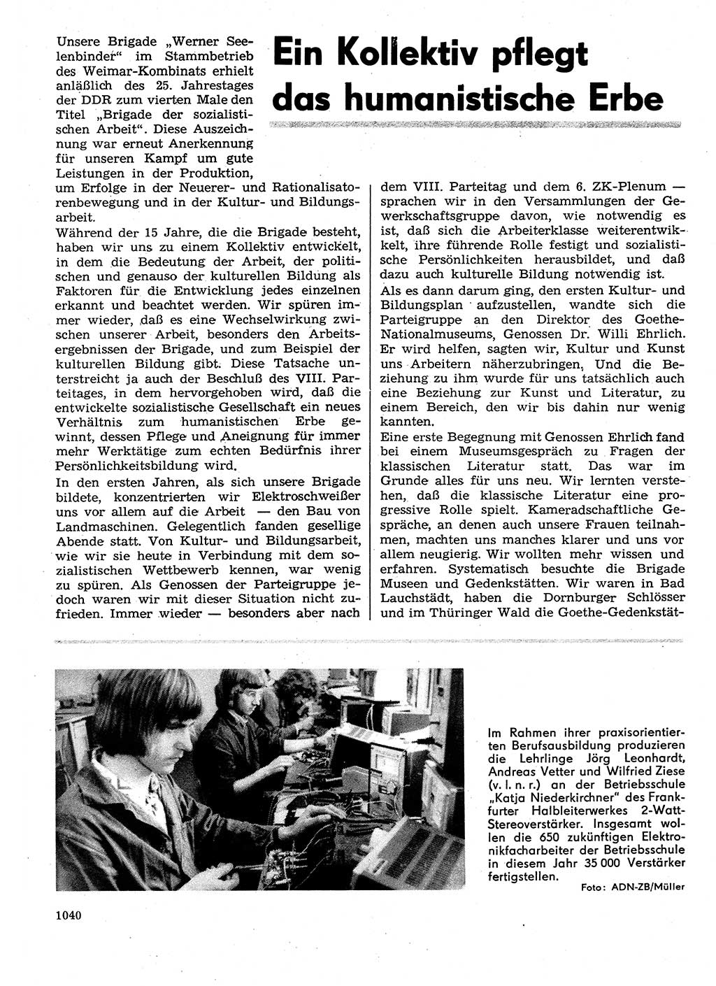 Neuer Weg (NW), Organ des Zentralkomitees (ZK) der SED (Sozialistische Einheitspartei Deutschlands) für Fragen des Parteilebens, 29. Jahrgang [Deutsche Demokratische Republik (DDR)] 1974, Seite 1040 (NW ZK SED DDR 1974, S. 1040)