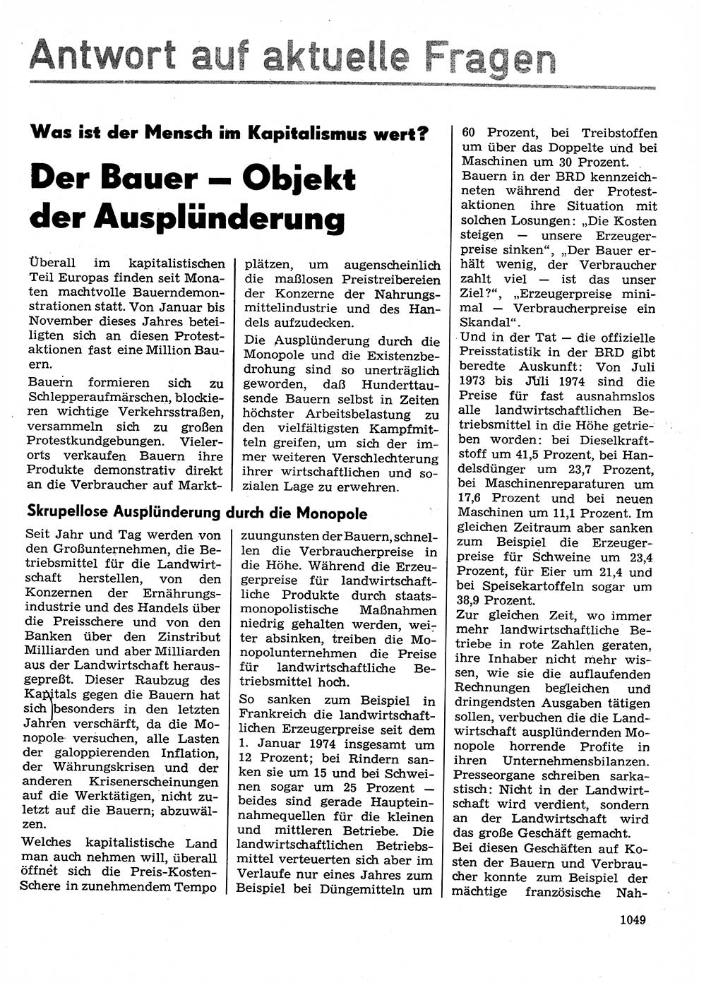 Neuer Weg (NW), Organ des Zentralkomitees (ZK) der SED (Sozialistische Einheitspartei Deutschlands) für Fragen des Parteilebens, 29. Jahrgang [Deutsche Demokratische Republik (DDR)] 1974, Seite 1049 (NW ZK SED DDR 1974, S. 1049)
