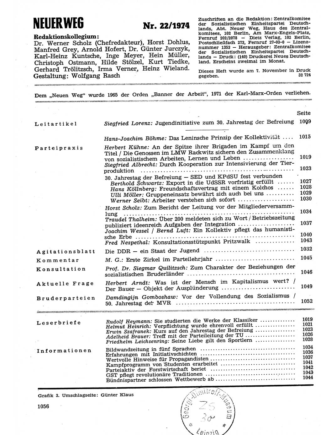 Neuer Weg (NW), Organ des Zentralkomitees (ZK) der SED (Sozialistische Einheitspartei Deutschlands) für Fragen des Parteilebens, 29. Jahrgang [Deutsche Demokratische Republik (DDR)] 1974, Seite 1056 (NW ZK SED DDR 1974, S. 1056)