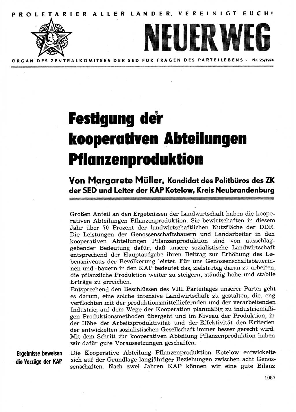 Neuer Weg (NW), Organ des Zentralkomitees (ZK) der SED (Sozialistische Einheitspartei Deutschlands) für Fragen des Parteilebens, 29. Jahrgang [Deutsche Demokratische Republik (DDR)] 1974, Seite 1057 (NW ZK SED DDR 1974, S. 1057)