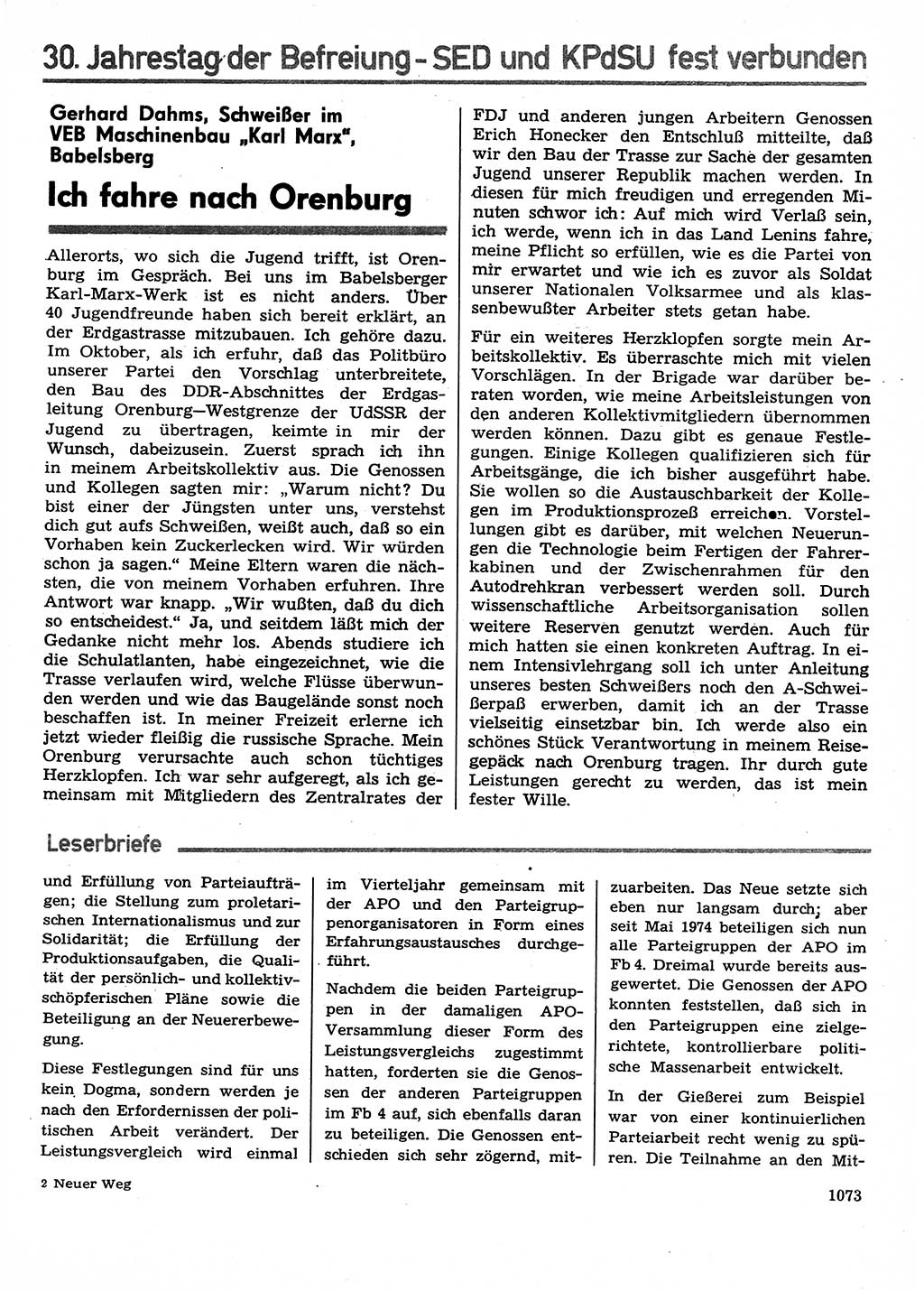 Neuer Weg (NW), Organ des Zentralkomitees (ZK) der SED (Sozialistische Einheitspartei Deutschlands) für Fragen des Parteilebens, 29. Jahrgang [Deutsche Demokratische Republik (DDR)] 1974, Seite 1073 (NW ZK SED DDR 1974, S. 1073)