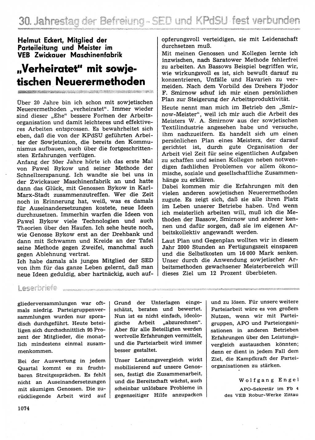 Neuer Weg (NW), Organ des Zentralkomitees (ZK) der SED (Sozialistische Einheitspartei Deutschlands) für Fragen des Parteilebens, 29. Jahrgang [Deutsche Demokratische Republik (DDR)] 1974, Seite 1074 (NW ZK SED DDR 1974, S. 1074)