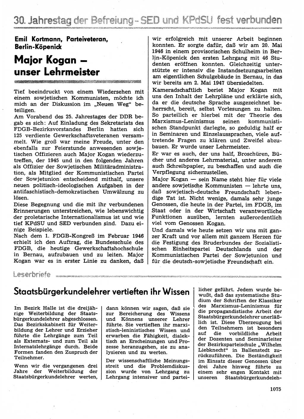 Neuer Weg (NW), Organ des Zentralkomitees (ZK) der SED (Sozialistische Einheitspartei Deutschlands) für Fragen des Parteilebens, 29. Jahrgang [Deutsche Demokratische Republik (DDR)] 1974, Seite 1075 (NW ZK SED DDR 1974, S. 1075)