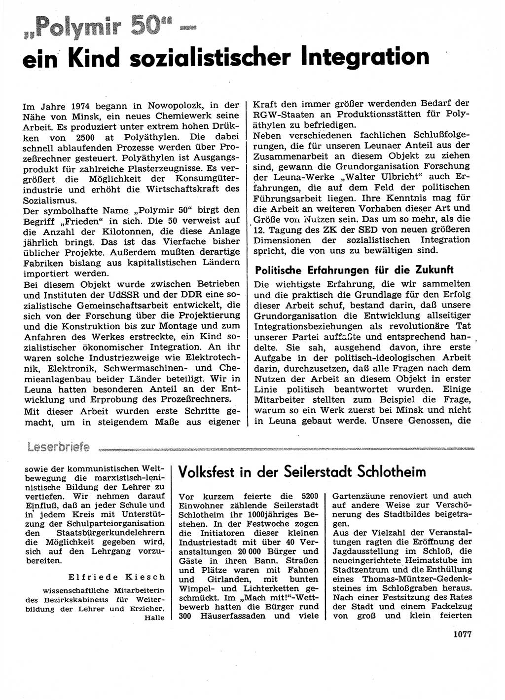 Neuer Weg (NW), Organ des Zentralkomitees (ZK) der SED (Sozialistische Einheitspartei Deutschlands) für Fragen des Parteilebens, 29. Jahrgang [Deutsche Demokratische Republik (DDR)] 1974, Seite 1077 (NW ZK SED DDR 1974, S. 1077)