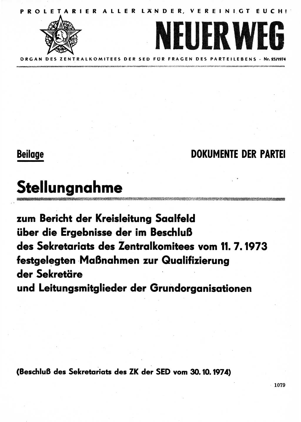 Neuer Weg (NW), Organ des Zentralkomitees (ZK) der SED (Sozialistische Einheitspartei Deutschlands) für Fragen des Parteilebens, 29. Jahrgang [Deutsche Demokratische Republik (DDR)] 1974, Seite 1079 (NW ZK SED DDR 1974, S. 1079)