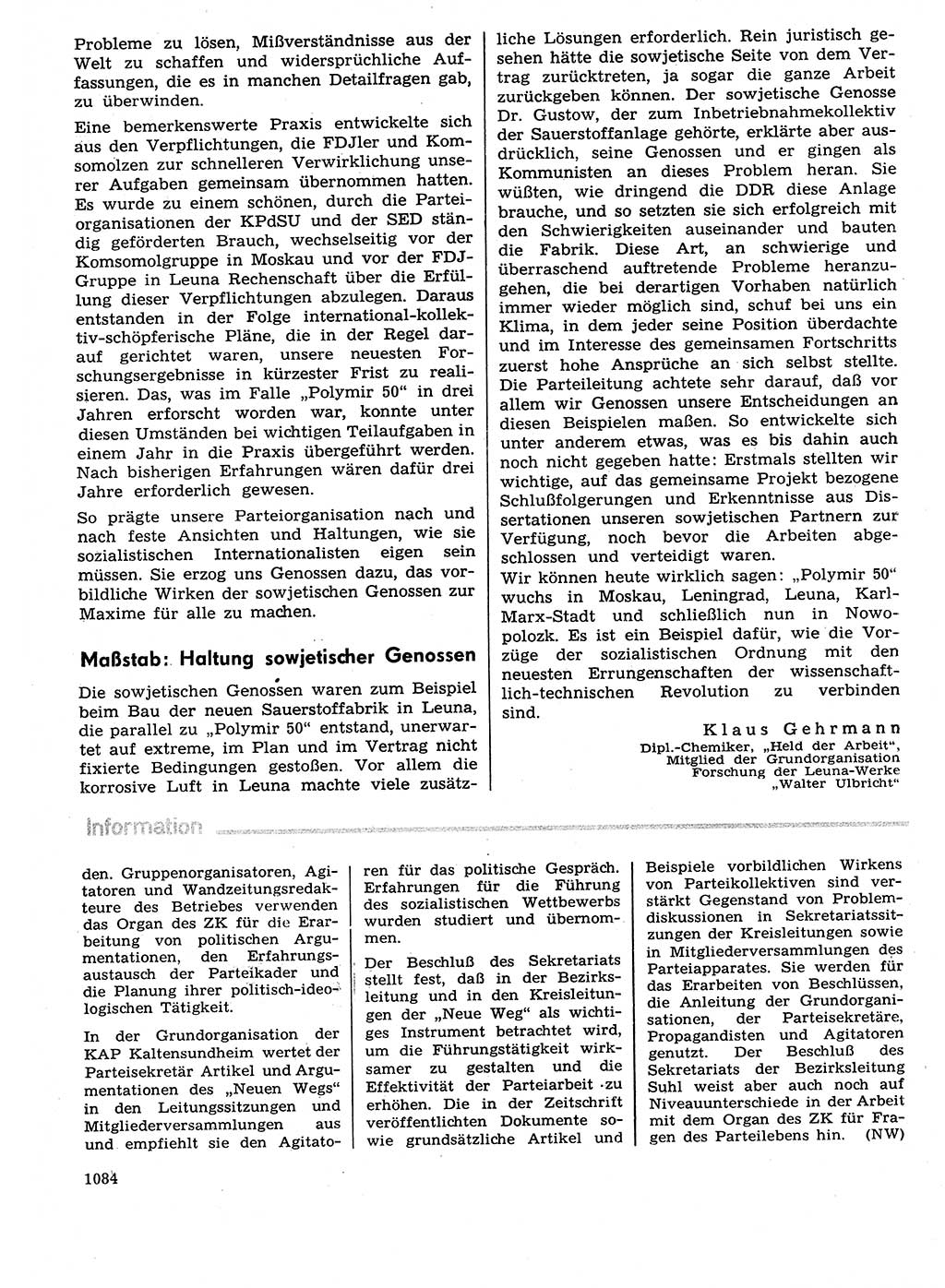 Neuer Weg (NW), Organ des Zentralkomitees (ZK) der SED (Sozialistische Einheitspartei Deutschlands) für Fragen des Parteilebens, 29. Jahrgang [Deutsche Demokratische Republik (DDR)] 1974, Seite 1084 (NW ZK SED DDR 1974, S. 1084)