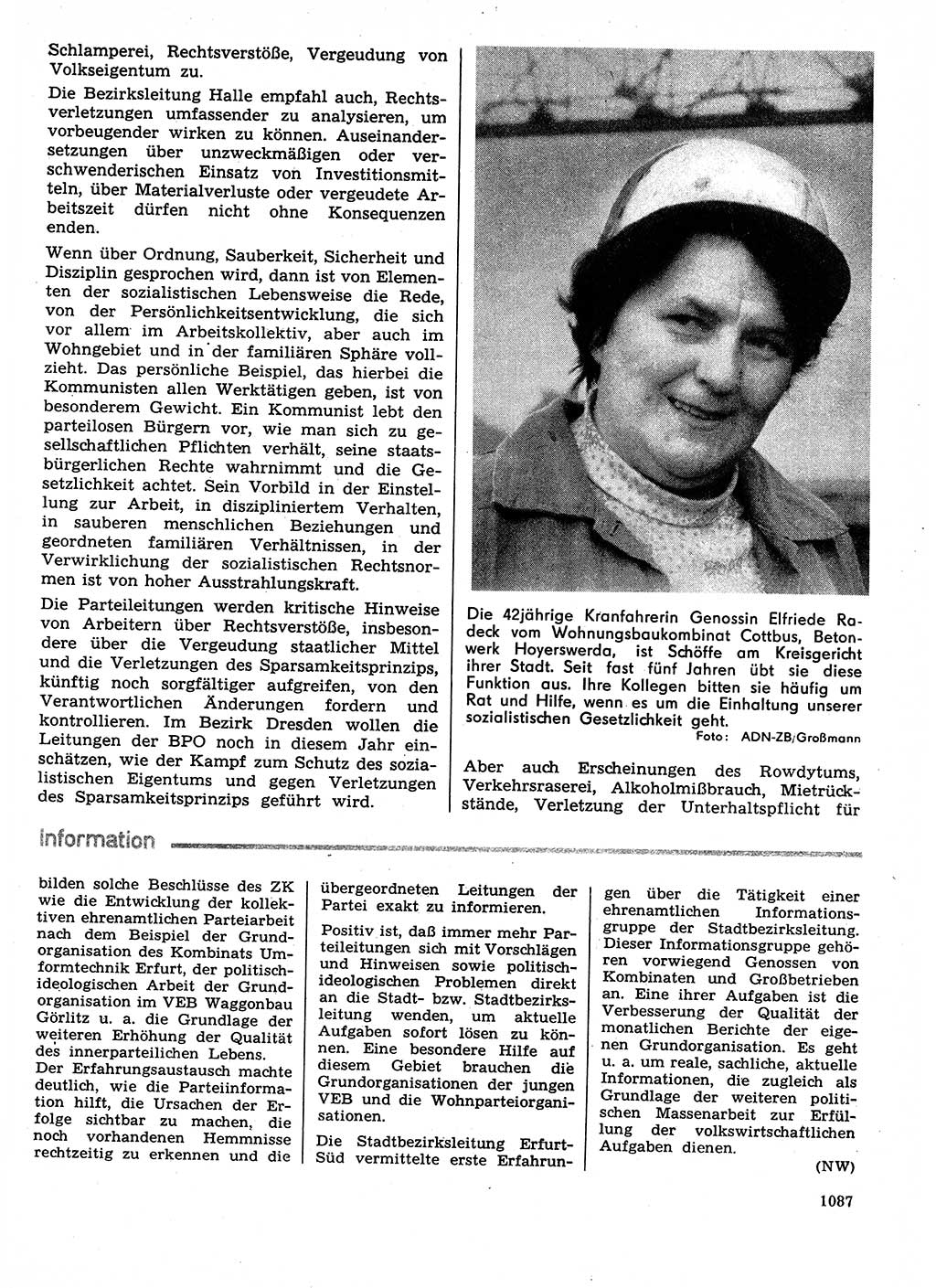 Neuer Weg (NW), Organ des Zentralkomitees (ZK) der SED (Sozialistische Einheitspartei Deutschlands) für Fragen des Parteilebens, 29. Jahrgang [Deutsche Demokratische Republik (DDR)] 1974, Seite 1087 (NW ZK SED DDR 1974, S. 1087)