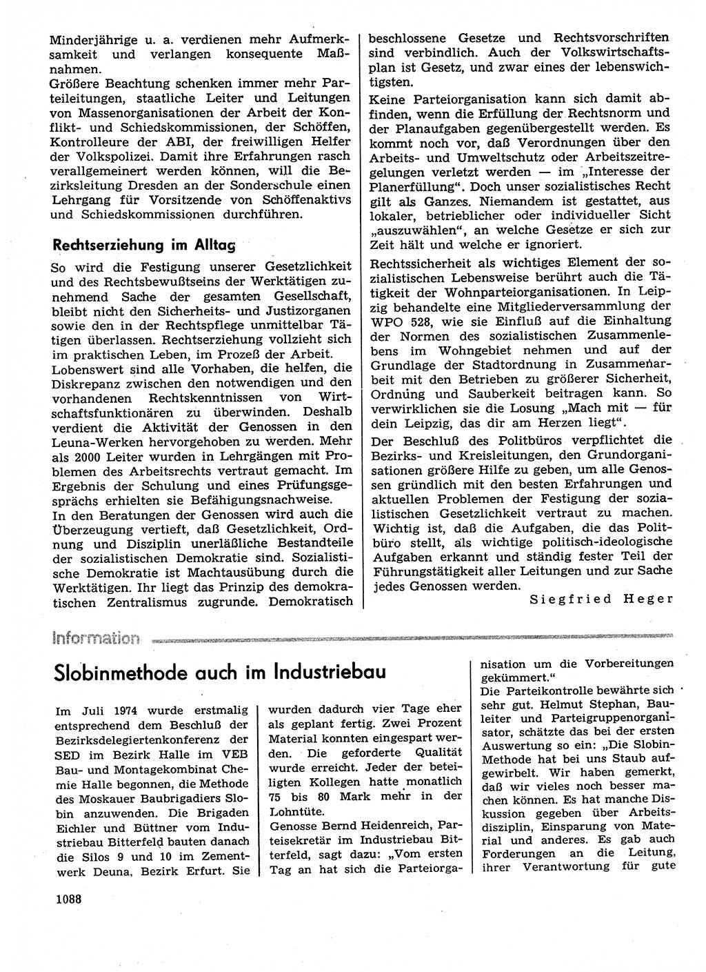 Neuer Weg (NW), Organ des Zentralkomitees (ZK) der SED (Sozialistische Einheitspartei Deutschlands) für Fragen des Parteilebens, 29. Jahrgang [Deutsche Demokratische Republik (DDR)] 1974, Seite 1088 (NW ZK SED DDR 1974, S. 1088)