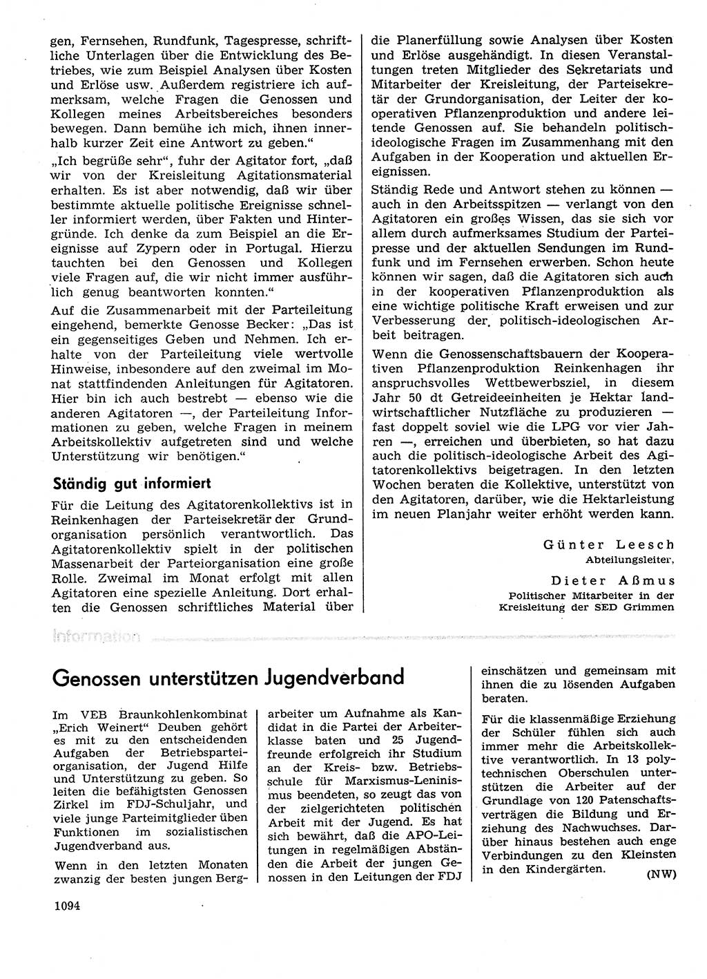 Neuer Weg (NW), Organ des Zentralkomitees (ZK) der SED (Sozialistische Einheitspartei Deutschlands) für Fragen des Parteilebens, 29. Jahrgang [Deutsche Demokratische Republik (DDR)] 1974, Seite 1094 (NW ZK SED DDR 1974, S. 1094)