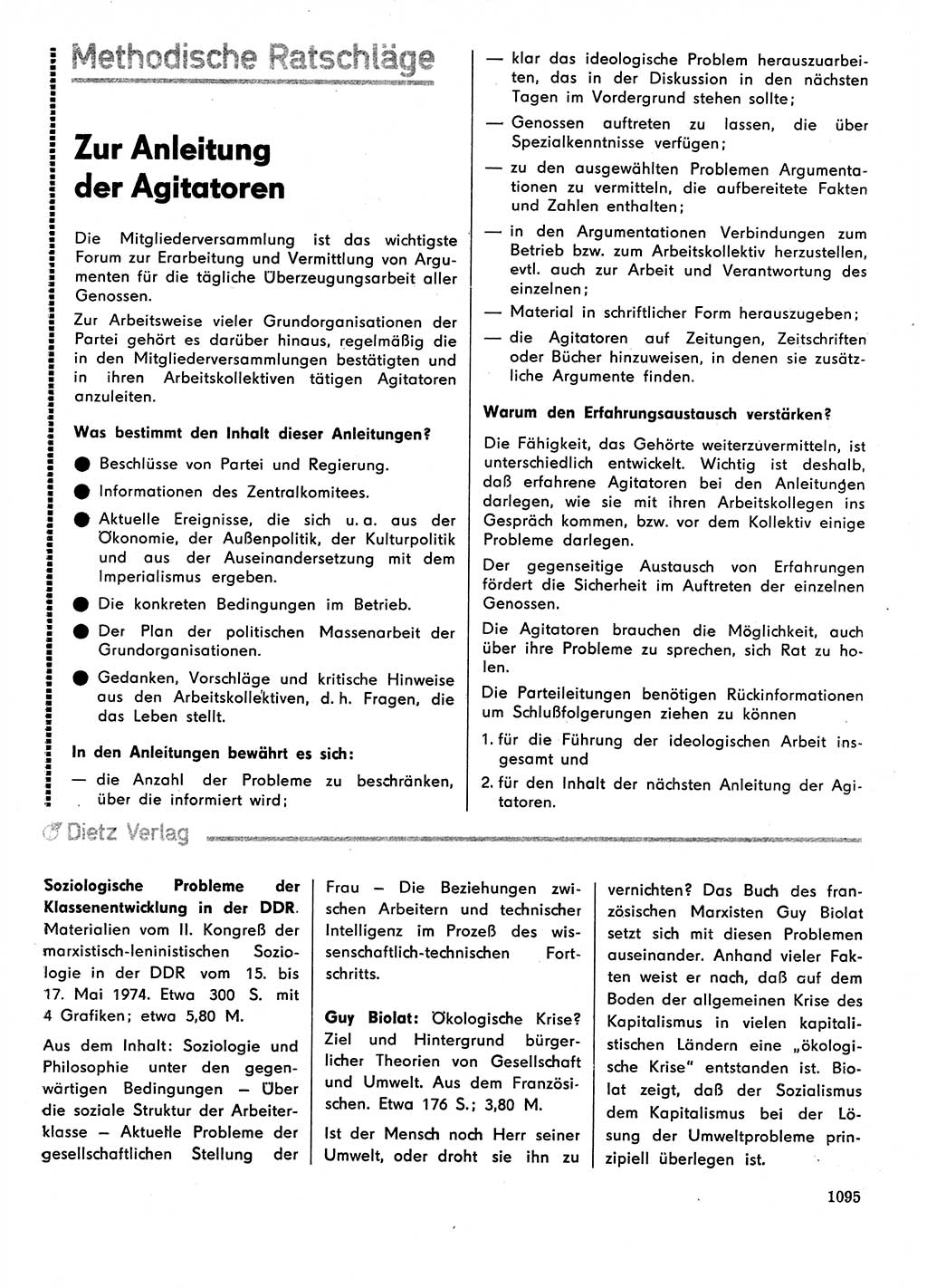 Neuer Weg (NW), Organ des Zentralkomitees (ZK) der SED (Sozialistische Einheitspartei Deutschlands) für Fragen des Parteilebens, 29. Jahrgang [Deutsche Demokratische Republik (DDR)] 1974, Seite 1095 (NW ZK SED DDR 1974, S. 1095)