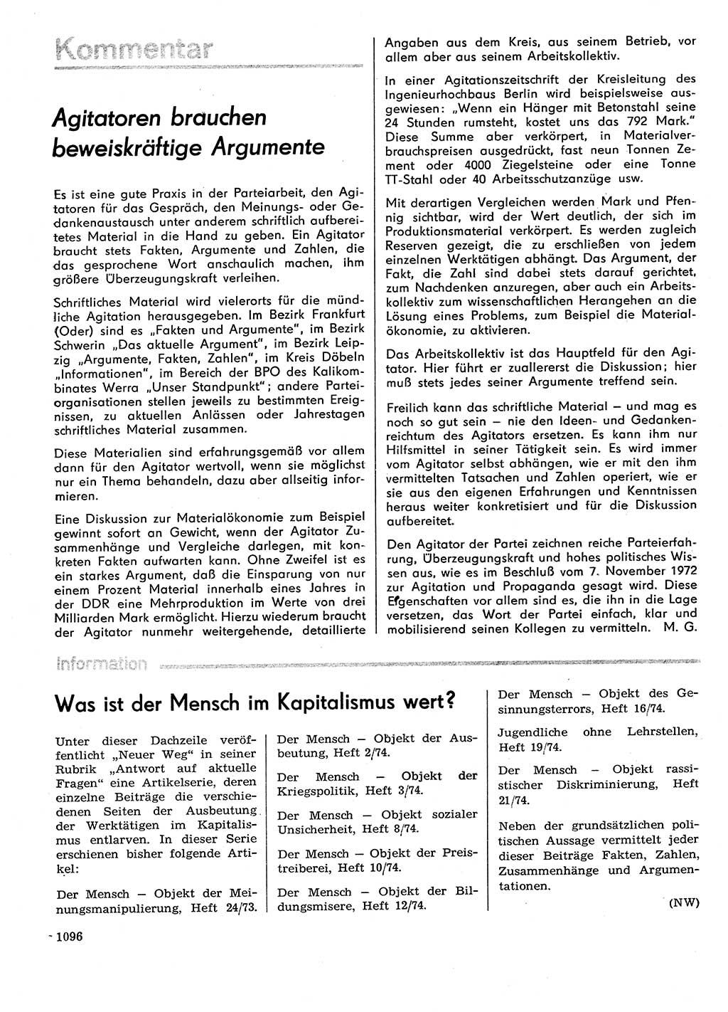 Neuer Weg (NW), Organ des Zentralkomitees (ZK) der SED (Sozialistische Einheitspartei Deutschlands) für Fragen des Parteilebens, 29. Jahrgang [Deutsche Demokratische Republik (DDR)] 1974, Seite 1096 (NW ZK SED DDR 1974, S. 1096)