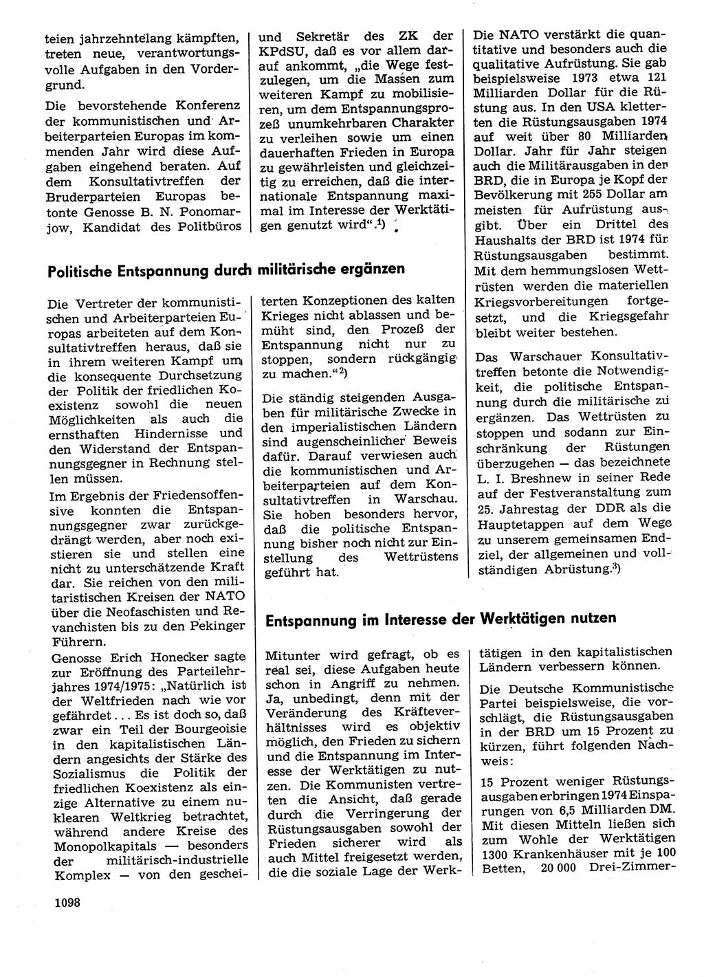 Neuer Weg (NW), Organ des Zentralkomitees (ZK) der SED (Sozialistische Einheitspartei Deutschlands) für Fragen des Parteilebens, 29. Jahrgang [Deutsche Demokratische Republik (DDR)] 1974, Seite 1098 (NW ZK SED DDR 1974, S. 1098)