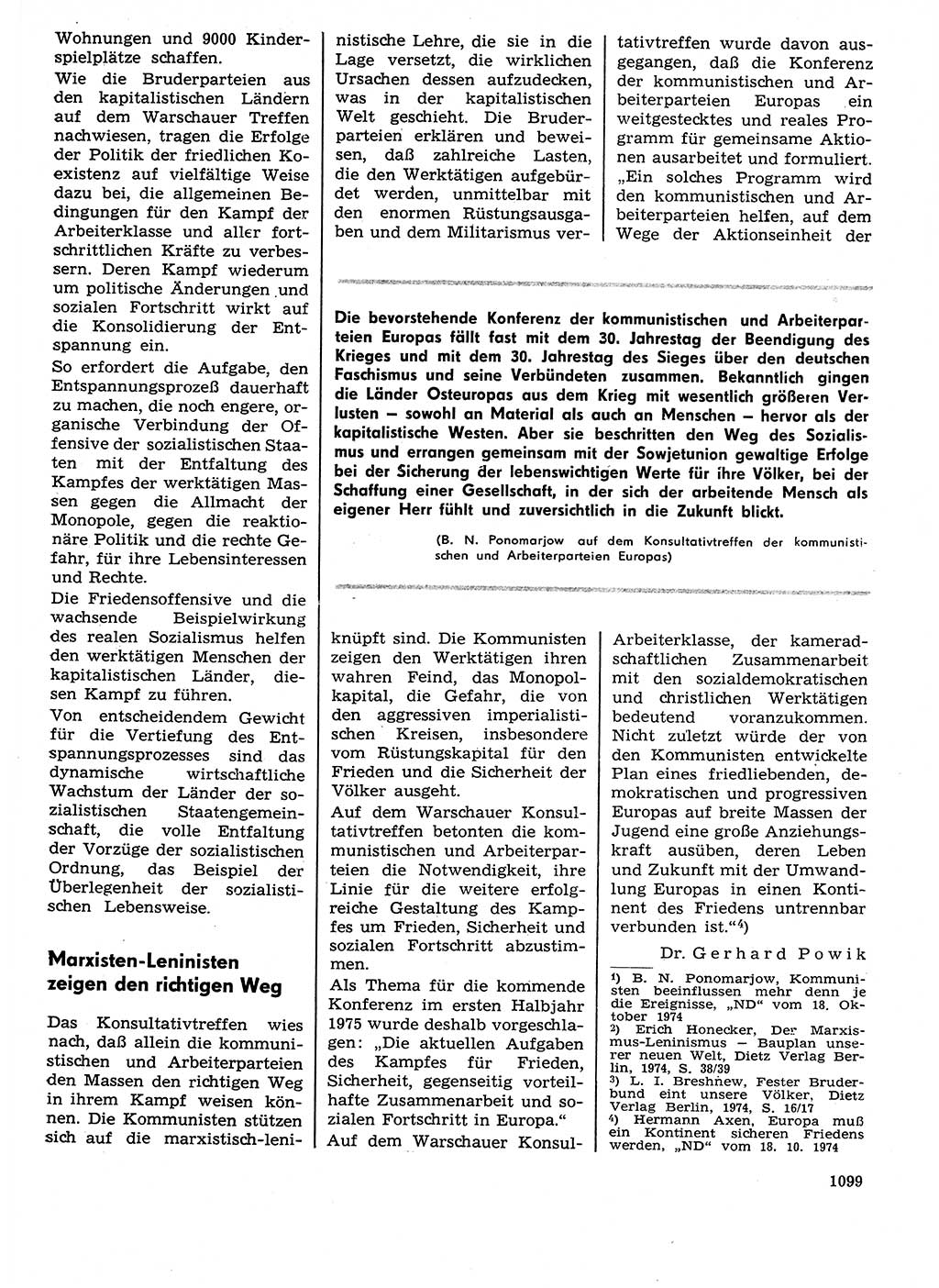 Neuer Weg (NW), Organ des Zentralkomitees (ZK) der SED (Sozialistische Einheitspartei Deutschlands) für Fragen des Parteilebens, 29. Jahrgang [Deutsche Demokratische Republik (DDR)] 1974, Seite 1099 (NW ZK SED DDR 1974, S. 1099)