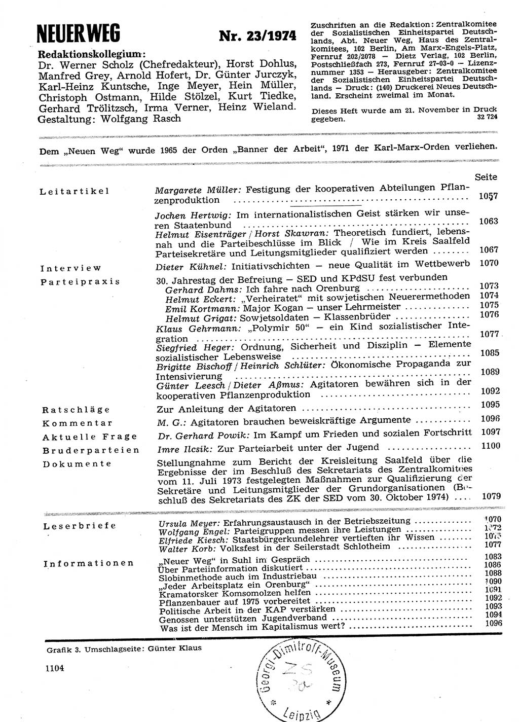 Neuer Weg (NW), Organ des Zentralkomitees (ZK) der SED (Sozialistische Einheitspartei Deutschlands) für Fragen des Parteilebens, 29. Jahrgang [Deutsche Demokratische Republik (DDR)] 1974, Seite 1104 (NW ZK SED DDR 1974, S. 1104)