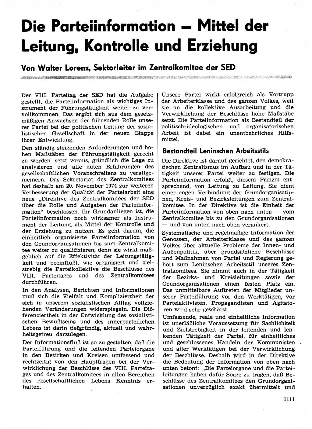 Neuer Weg (NW), Organ des Zentralkomitees (ZK) der SED (Sozialistische Einheitspartei Deutschlands) für Fragen des Parteilebens, 29. Jahrgang [Deutsche Demokratische Republik (DDR)] 1974, Seite 1111 (NW ZK SED DDR 1974, S. 1111)