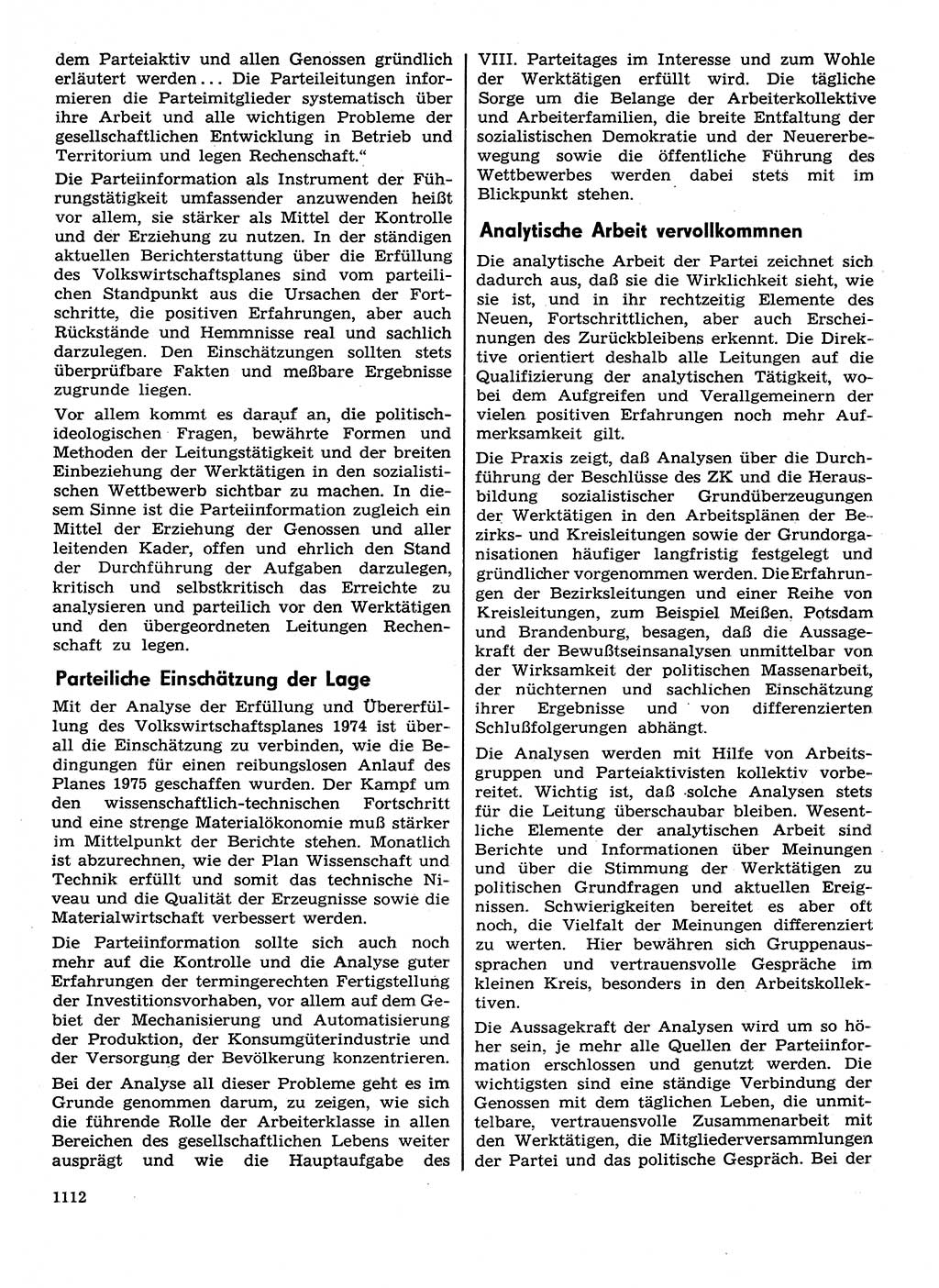 Neuer Weg (NW), Organ des Zentralkomitees (ZK) der SED (Sozialistische Einheitspartei Deutschlands) für Fragen des Parteilebens, 29. Jahrgang [Deutsche Demokratische Republik (DDR)] 1974, Seite 1112 (NW ZK SED DDR 1974, S. 1112)