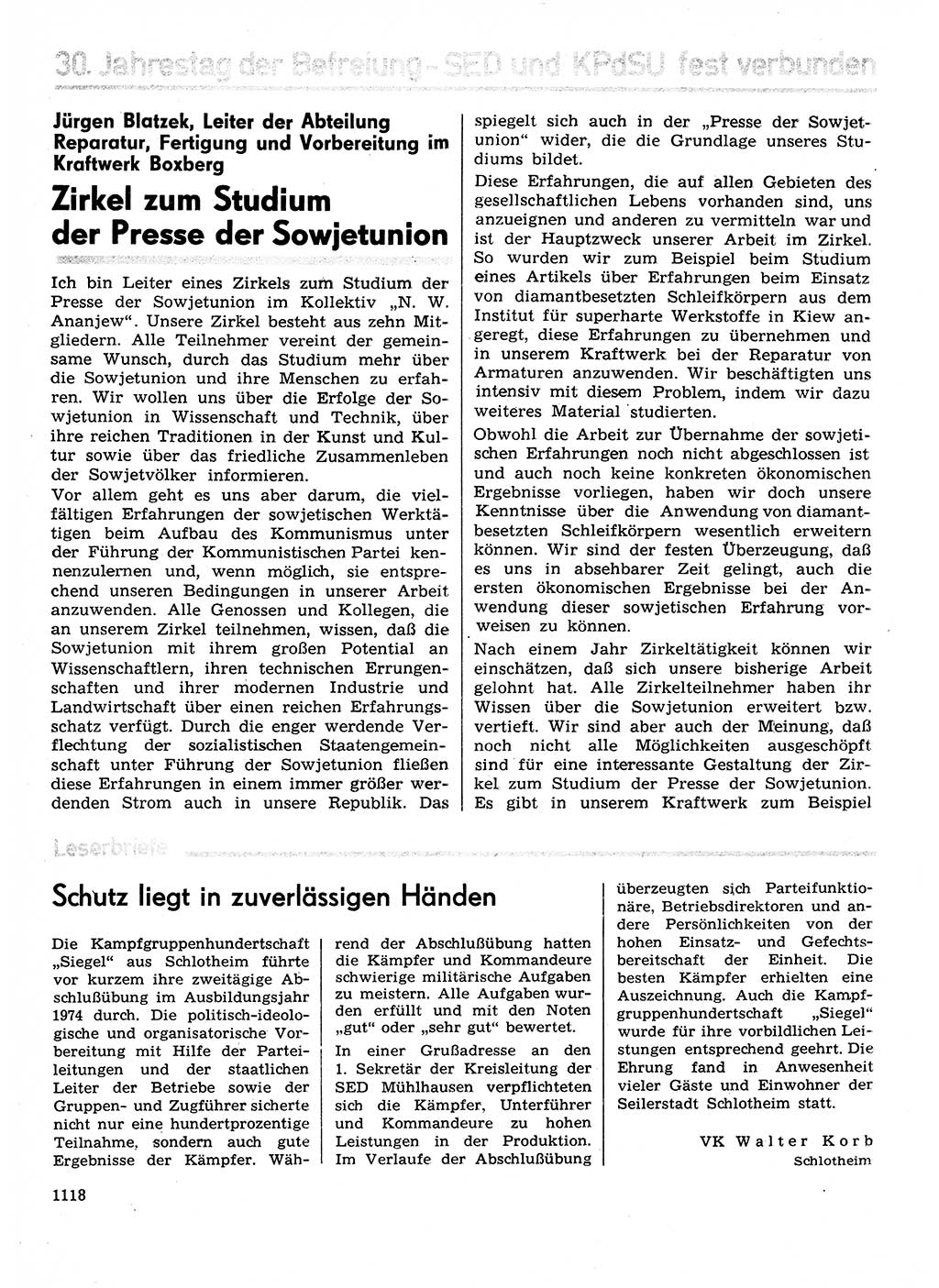 Neuer Weg (NW), Organ des Zentralkomitees (ZK) der SED (Sozialistische Einheitspartei Deutschlands) für Fragen des Parteilebens, 29. Jahrgang [Deutsche Demokratische Republik (DDR)] 1974, Seite 1118 (NW ZK SED DDR 1974, S. 1118)
