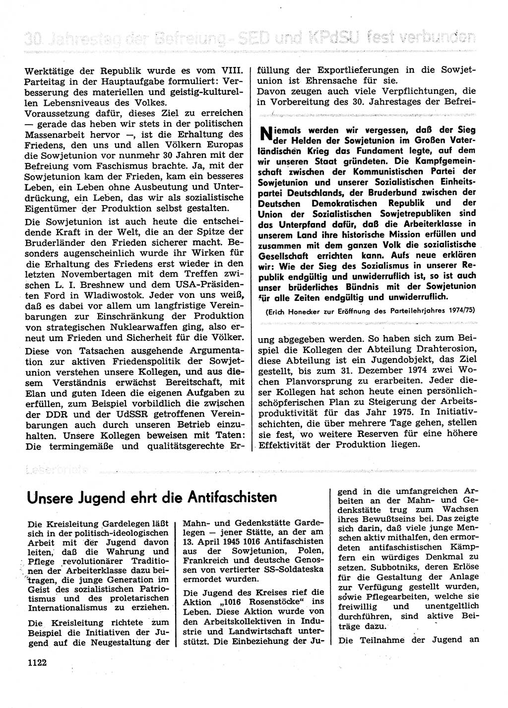 Neuer Weg (NW), Organ des Zentralkomitees (ZK) der SED (Sozialistische Einheitspartei Deutschlands) für Fragen des Parteilebens, 29. Jahrgang [Deutsche Demokratische Republik (DDR)] 1974, Seite 1122 (NW ZK SED DDR 1974, S. 1122)