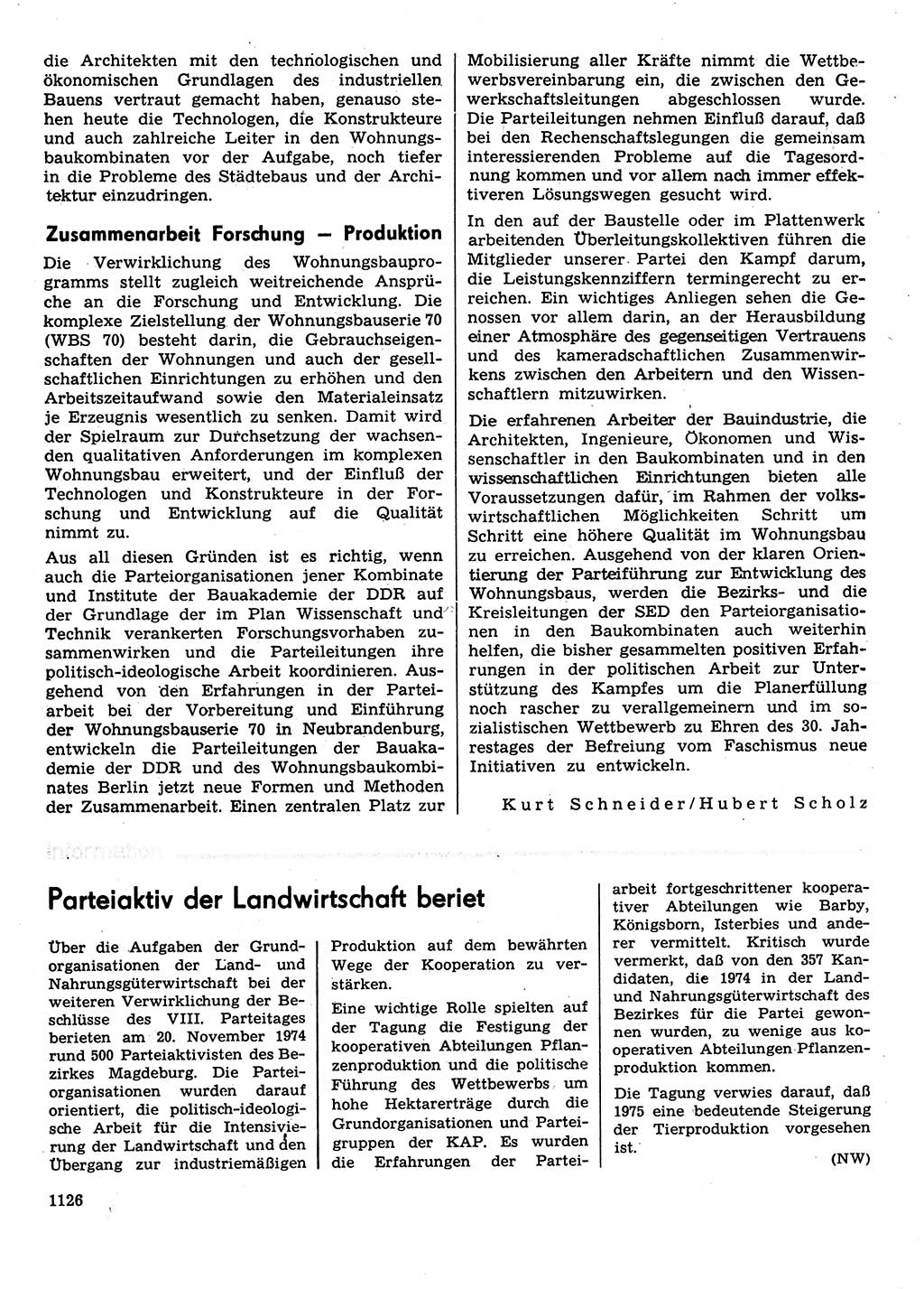 Neuer Weg (NW), Organ des Zentralkomitees (ZK) der SED (Sozialistische Einheitspartei Deutschlands) für Fragen des Parteilebens, 29. Jahrgang [Deutsche Demokratische Republik (DDR)] 1974, Seite 1126 (NW ZK SED DDR 1974, S. 1126)