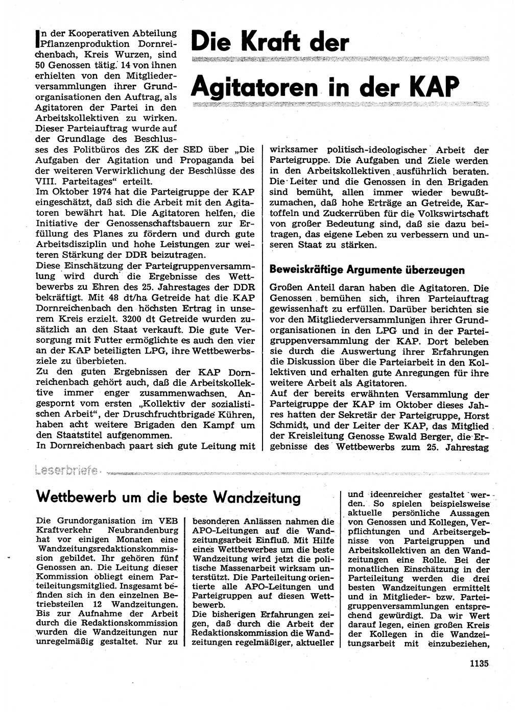 Neuer Weg (NW), Organ des Zentralkomitees (ZK) der SED (Sozialistische Einheitspartei Deutschlands) für Fragen des Parteilebens, 29. Jahrgang [Deutsche Demokratische Republik (DDR)] 1974, Seite 1135 (NW ZK SED DDR 1974, S. 1135)
