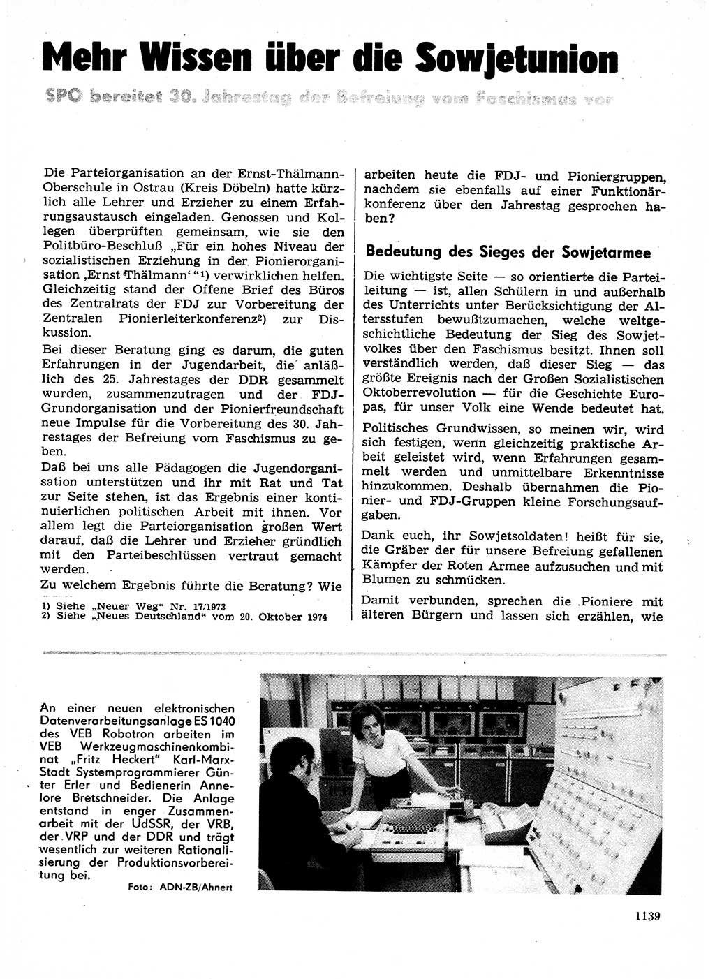 Neuer Weg (NW), Organ des Zentralkomitees (ZK) der SED (Sozialistische Einheitspartei Deutschlands) für Fragen des Parteilebens, 29. Jahrgang [Deutsche Demokratische Republik (DDR)] 1974, Seite 1139 (NW ZK SED DDR 1974, S. 1139)