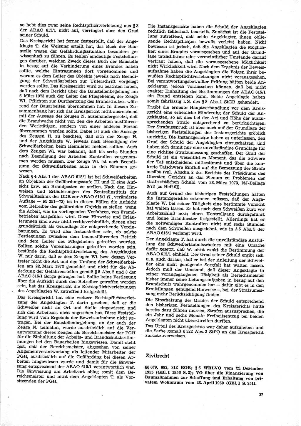 Neue Justiz (NJ), Zeitschrift für Recht und Rechtswissenschaft [Deutsche Demokratische Republik (DDR)], 28. Jahrgang 1974, Seite 27 (NJ DDR 1974, S. 27)