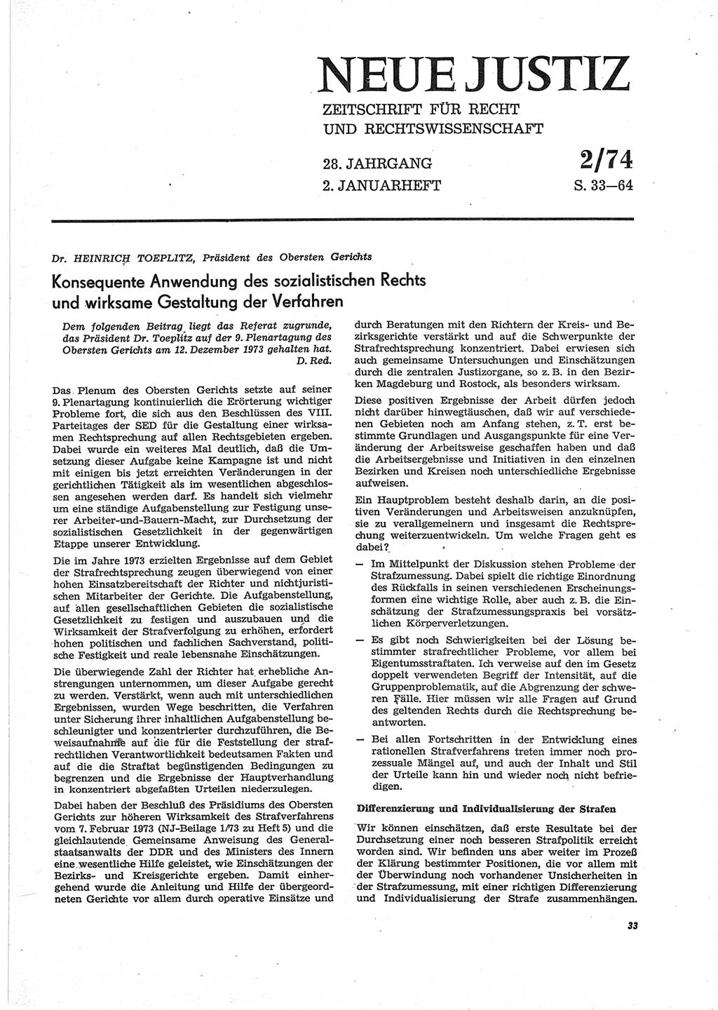 Neue Justiz (NJ), Zeitschrift für Recht und Rechtswissenschaft [Deutsche Demokratische Republik (DDR)], 28. Jahrgang 1974, Seite 33 (NJ DDR 1974, S. 33)