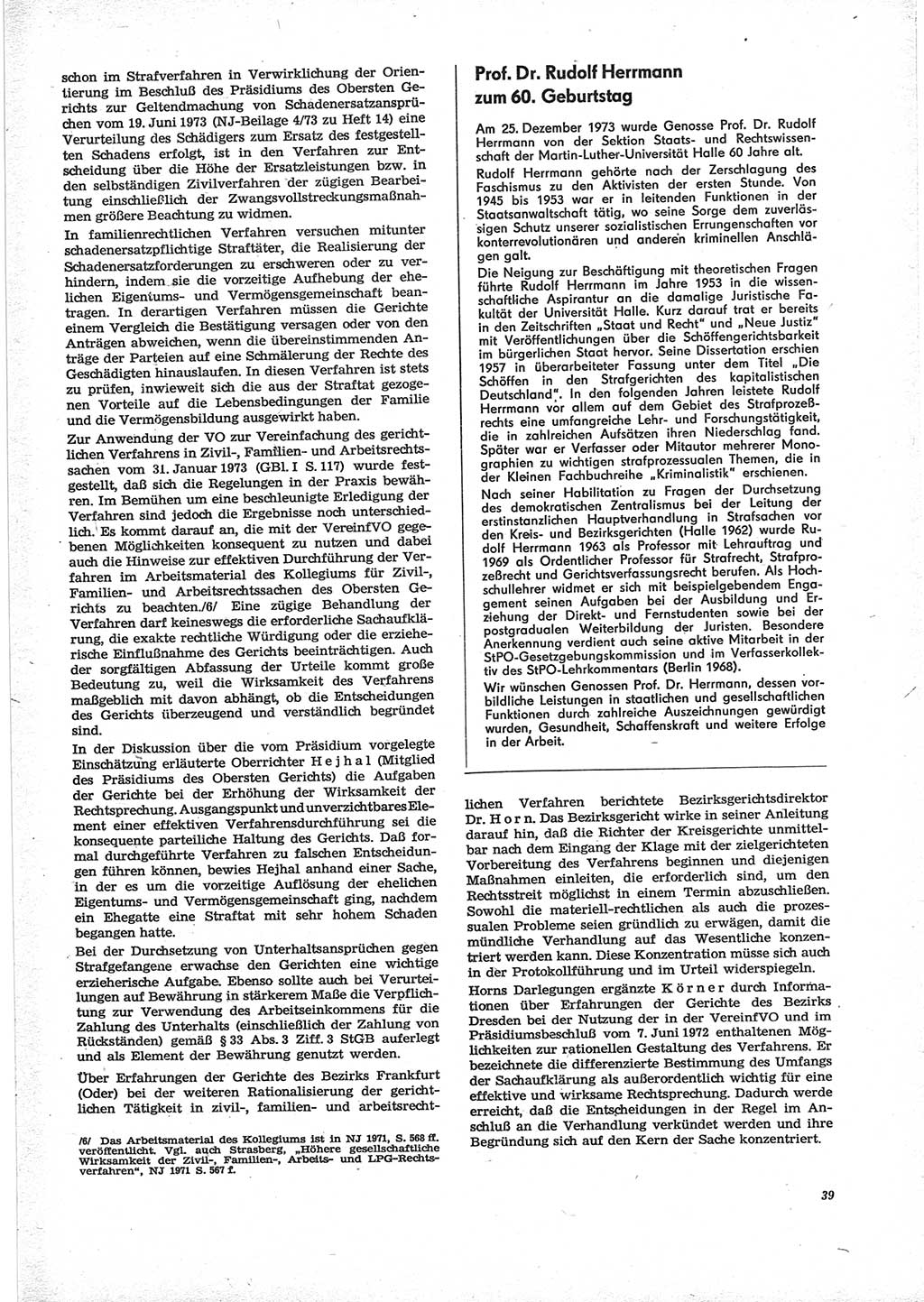 Neue Justiz (NJ), Zeitschrift für Recht und Rechtswissenschaft [Deutsche Demokratische Republik (DDR)], 28. Jahrgang 1974, Seite 39 (NJ DDR 1974, S. 39)