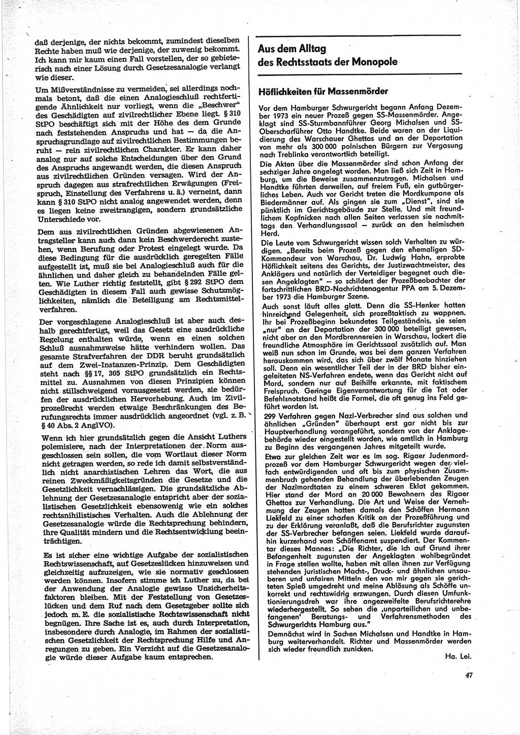 Neue Justiz (NJ), Zeitschrift für Recht und Rechtswissenschaft [Deutsche Demokratische Republik (DDR)], 28. Jahrgang 1974, Seite 47 (NJ DDR 1974, S. 47)