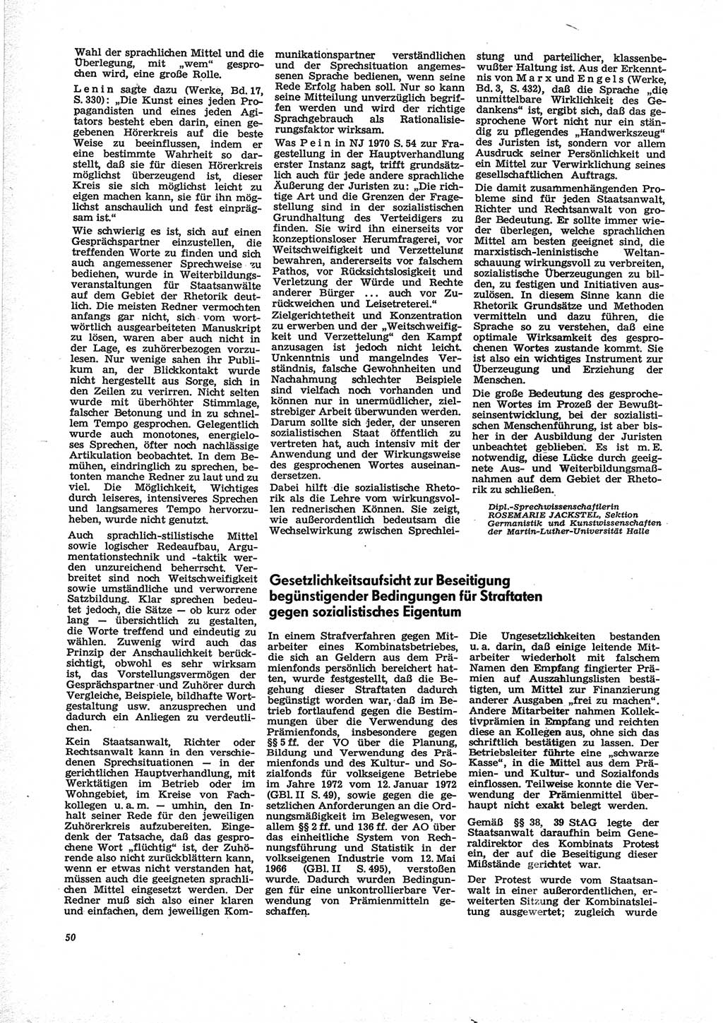 Neue Justiz (NJ), Zeitschrift für Recht und Rechtswissenschaft [Deutsche Demokratische Republik (DDR)], 28. Jahrgang 1974, Seite 50 (NJ DDR 1974, S. 50)