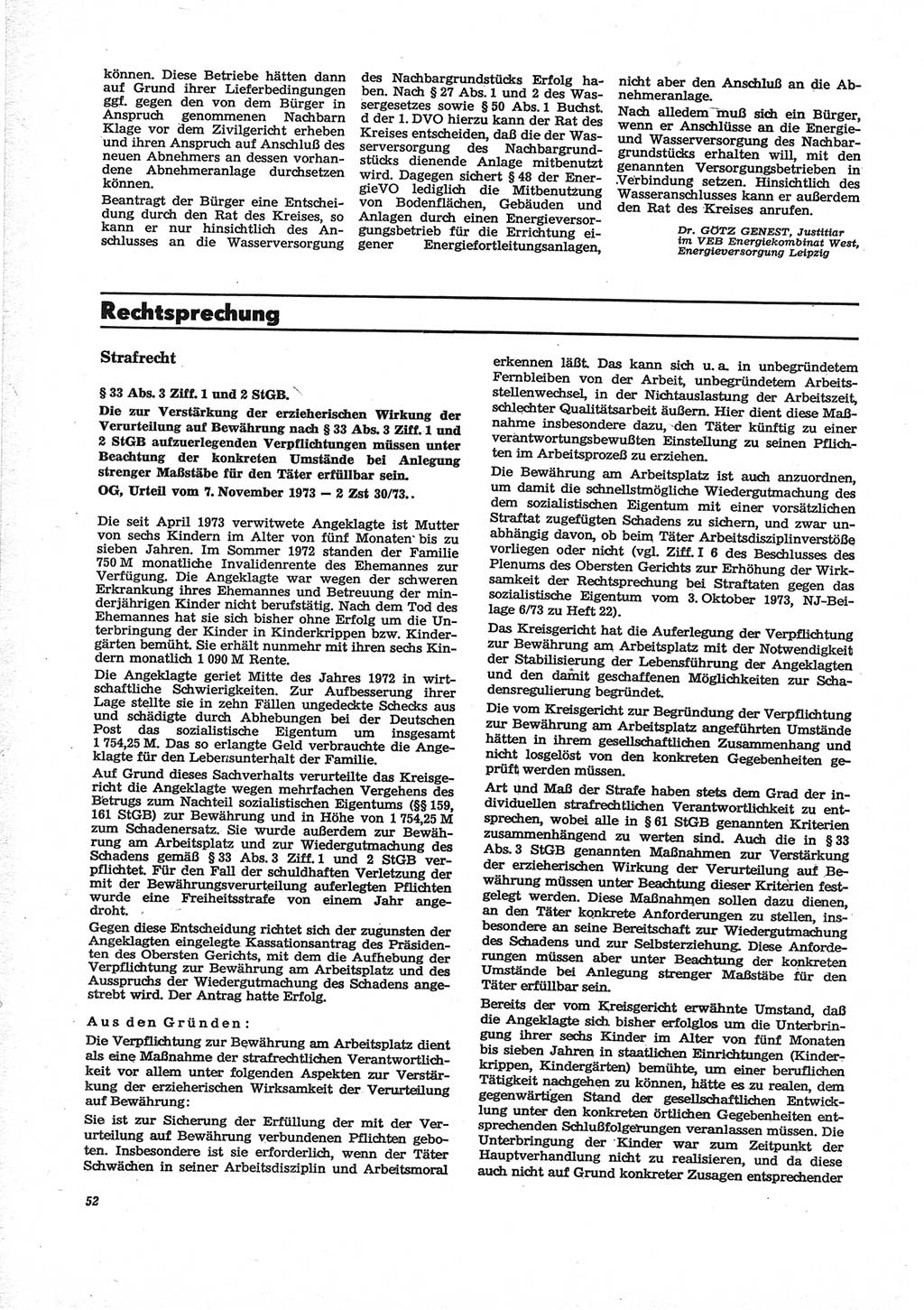 Neue Justiz (NJ), Zeitschrift für Recht und Rechtswissenschaft [Deutsche Demokratische Republik (DDR)], 28. Jahrgang 1974, Seite 52 (NJ DDR 1974, S. 52)