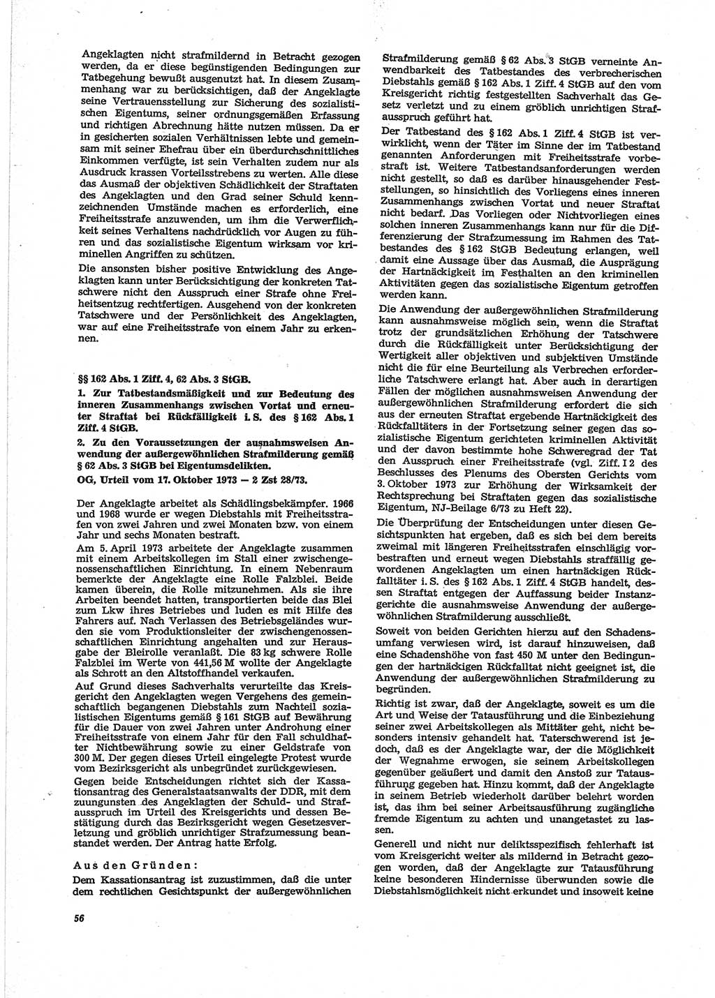 Neue Justiz (NJ), Zeitschrift für Recht und Rechtswissenschaft [Deutsche Demokratische Republik (DDR)], 28. Jahrgang 1974, Seite 56 (NJ DDR 1974, S. 56)