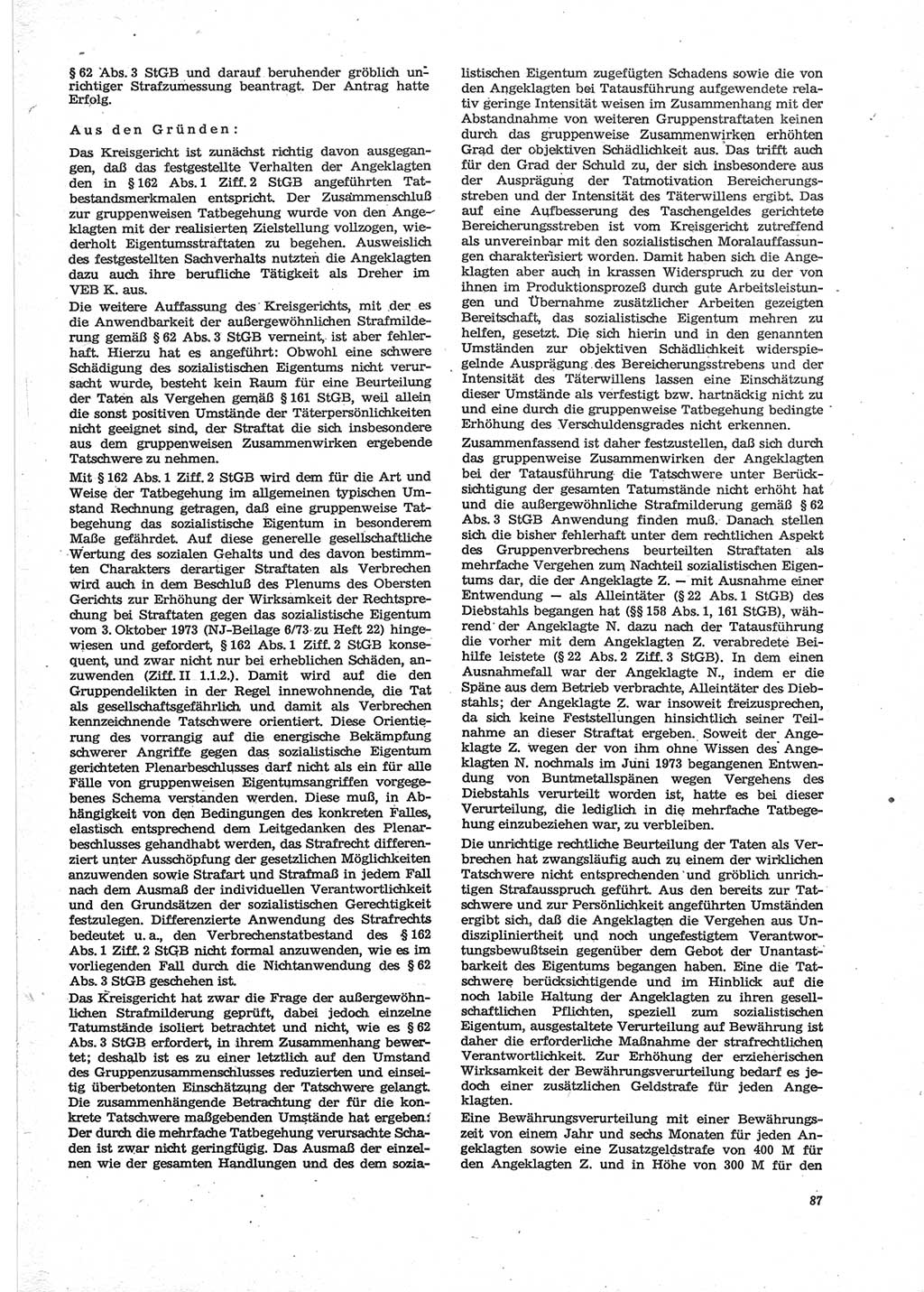 Neue Justiz (NJ), Zeitschrift für Recht und Rechtswissenschaft [Deutsche Demokratische Republik (DDR)], 28. Jahrgang 1974, Seite 87 (NJ DDR 1974, S. 87)