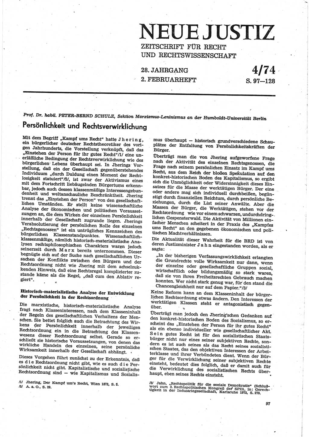 Neue Justiz (NJ), Zeitschrift für Recht und Rechtswissenschaft [Deutsche Demokratische Republik (DDR)], 28. Jahrgang 1974, Seite 97 (NJ DDR 1974, S. 97)