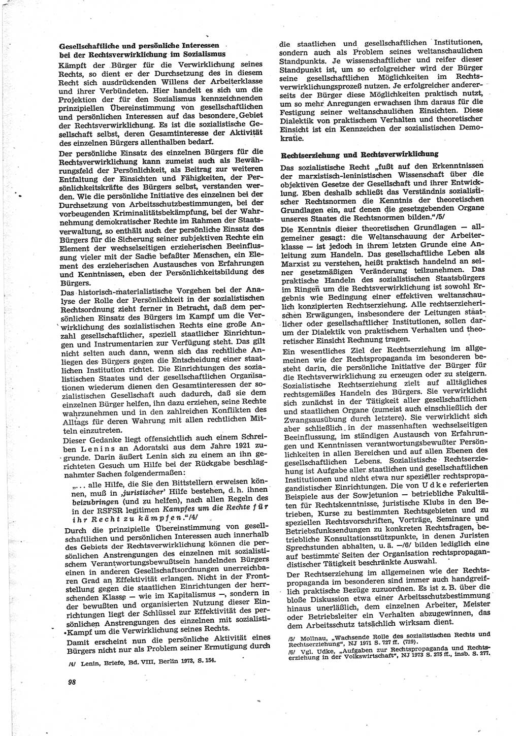Neue Justiz (NJ), Zeitschrift für Recht und Rechtswissenschaft [Deutsche Demokratische Republik (DDR)], 28. Jahrgang 1974, Seite 98 (NJ DDR 1974, S. 98)