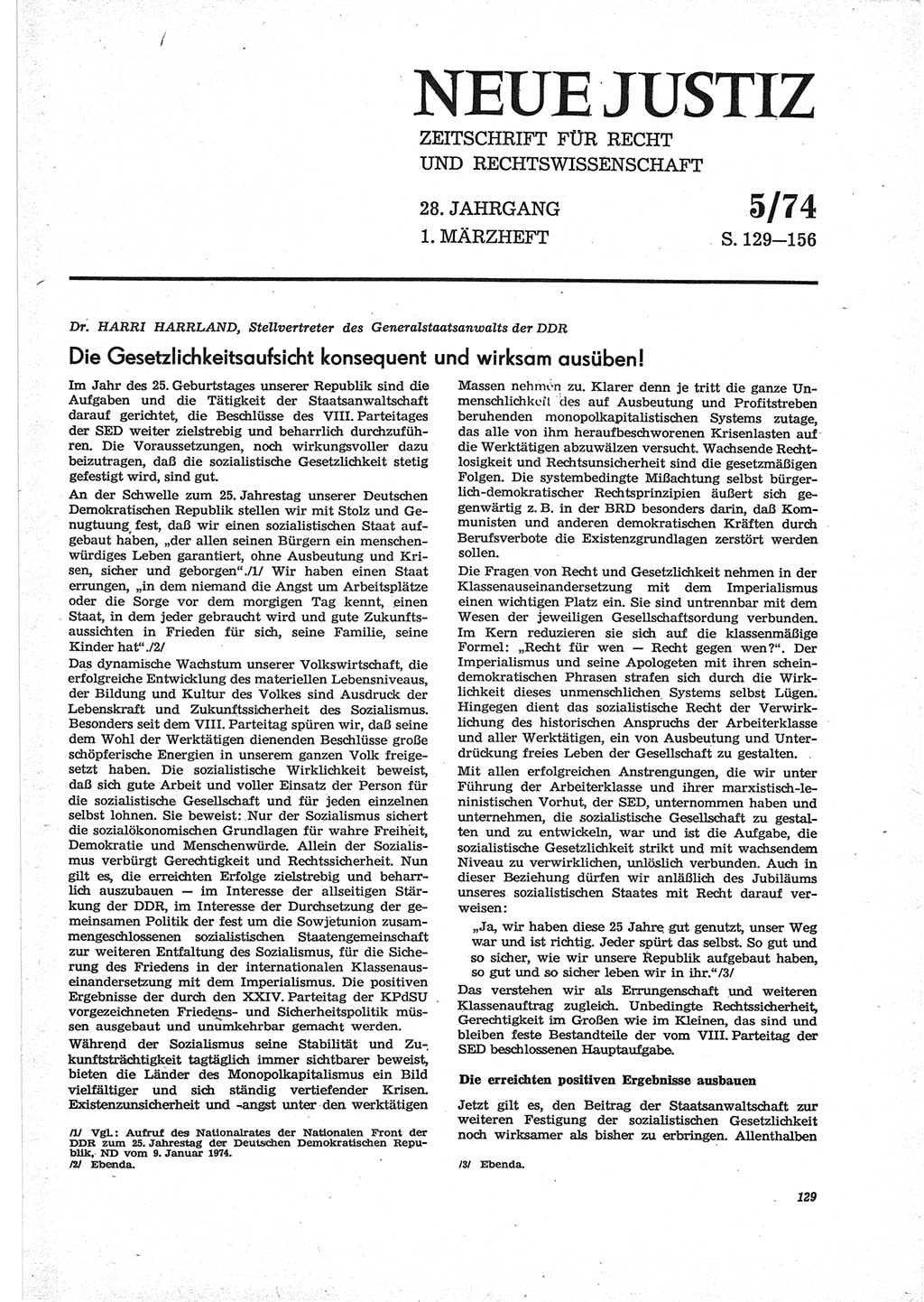 Neue Justiz (NJ), Zeitschrift für Recht und Rechtswissenschaft [Deutsche Demokratische Republik (DDR)], 28. Jahrgang 1974, Seite 129 (NJ DDR 1974, S. 129)