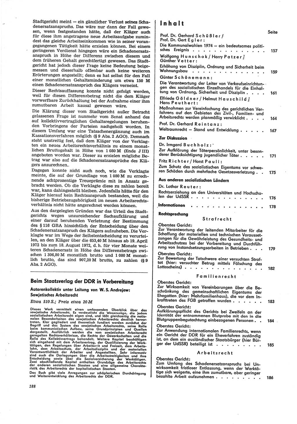 Neue Justiz (NJ), Zeitschrift für Recht und Rechtswissenschaft [Deutsche Demokratische Republik (DDR)], 28. Jahrgang 1974, Seite 188 (NJ DDR 1974, S. 188)