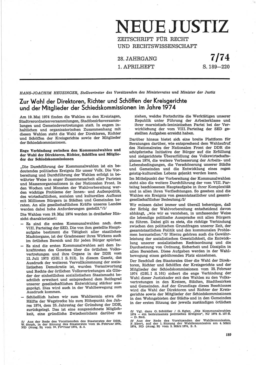 Neue Justiz (NJ), Zeitschrift für Recht und Rechtswissenschaft [Deutsche Demokratische Republik (DDR)], 28. Jahrgang 1974, Seite 189 (NJ DDR 1974, S. 189)