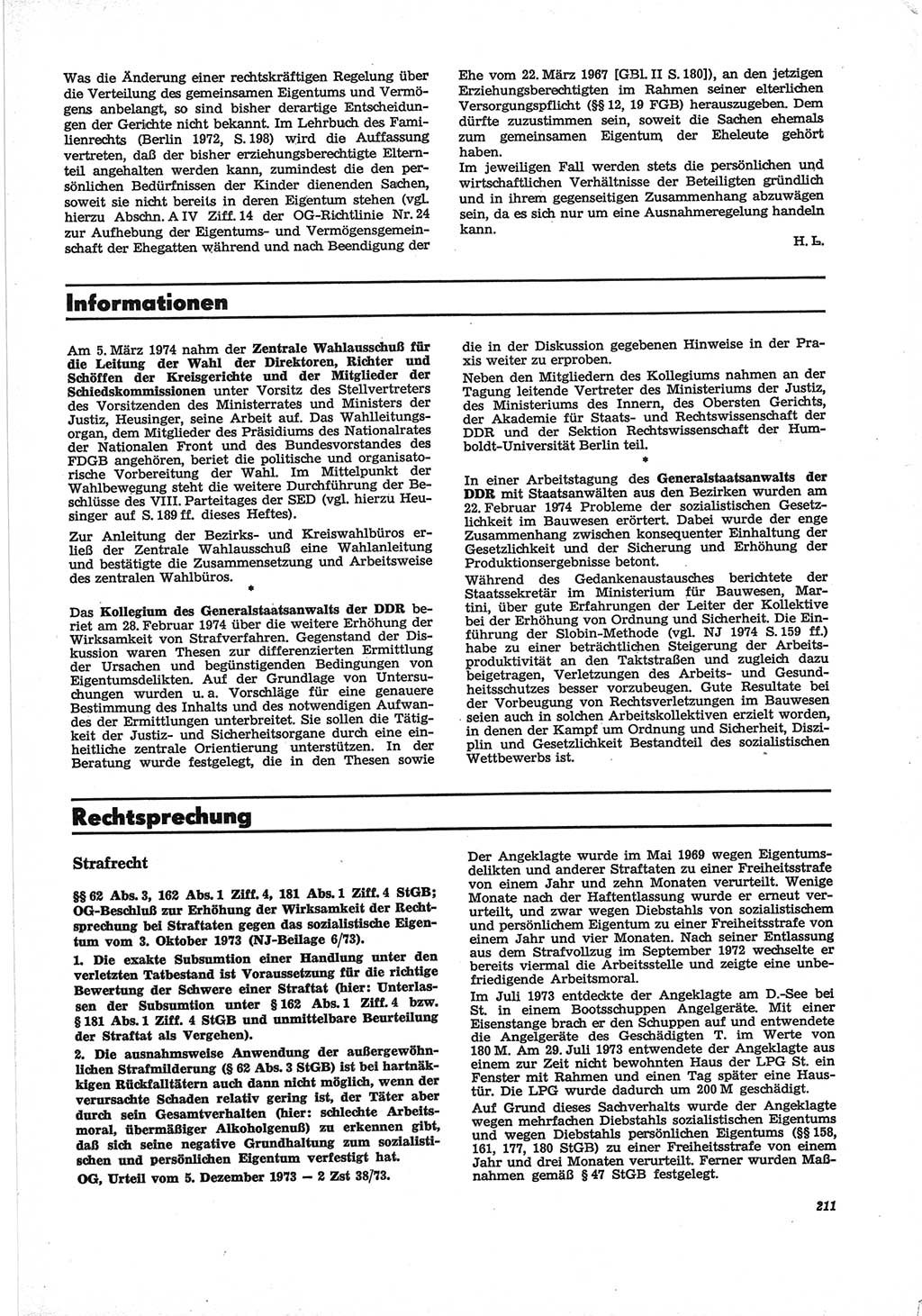 Neue Justiz (NJ), Zeitschrift für Recht und Rechtswissenschaft [Deutsche Demokratische Republik (DDR)], 28. Jahrgang 1974, Seite 211 (NJ DDR 1974, S. 211)