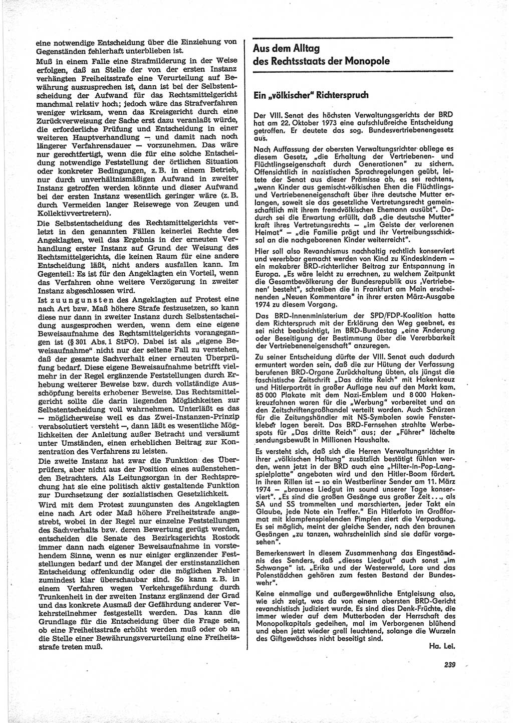 Neue Justiz (NJ), Zeitschrift für Recht und Rechtswissenschaft [Deutsche Demokratische Republik (DDR)], 28. Jahrgang 1974, Seite 239 (NJ DDR 1974, S. 239)