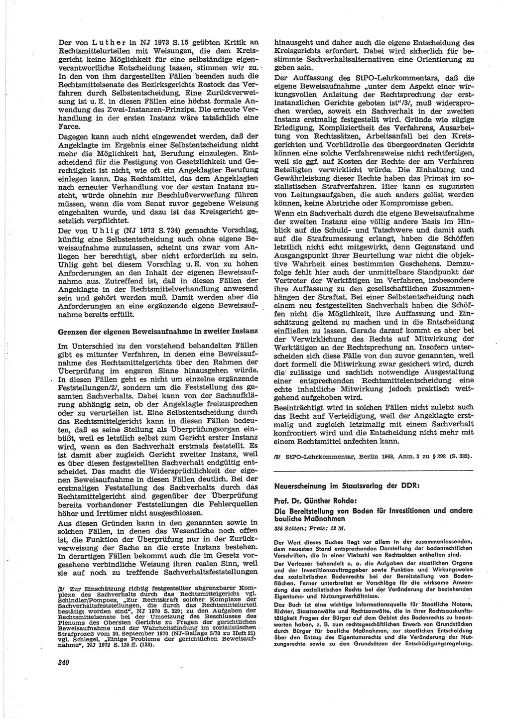 Neue Justiz (NJ), Zeitschrift für Recht und Rechtswissenschaft [Deutsche Demokratische Republik (DDR)], 28. Jahrgang 1974, Seite 240 (NJ DDR 1974, S. 240)