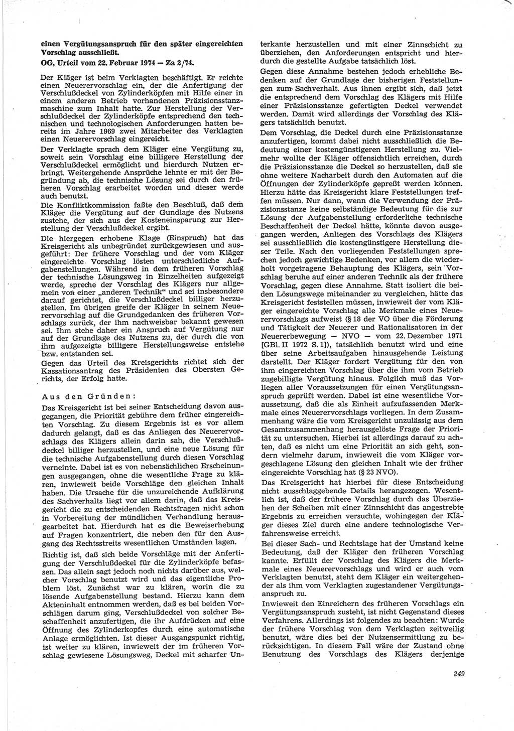 Neue Justiz (NJ), Zeitschrift für Recht und Rechtswissenschaft [Deutsche Demokratische Republik (DDR)], 28. Jahrgang 1974, Seite 249 (NJ DDR 1974, S. 249)