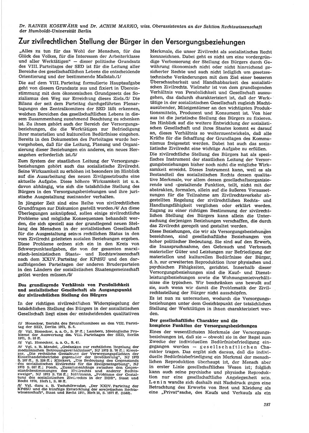 Neue Justiz (NJ), Zeitschrift für Recht und Rechtswissenschaft [Deutsche Demokratische Republik (DDR)], 28. Jahrgang 1974, Seite 287 (NJ DDR 1974, S. 287)