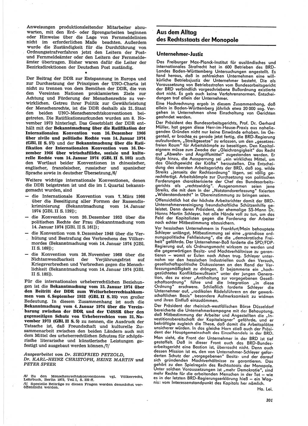Neue Justiz (NJ), Zeitschrift für Recht und Rechtswissenschaft [Deutsche Demokratische Republik (DDR)], 28. Jahrgang 1974, Seite 301 (NJ DDR 1974, S. 301)