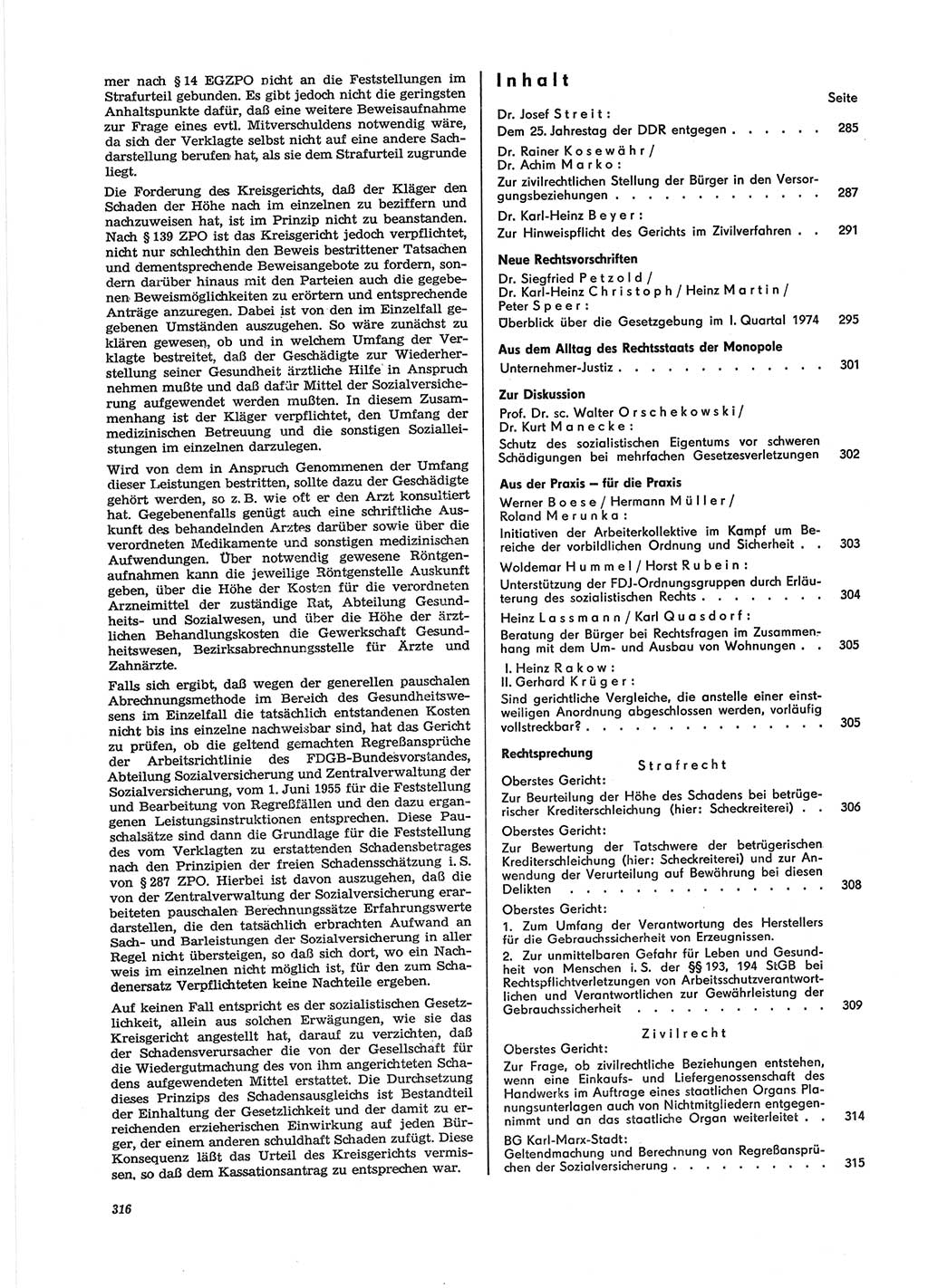 Neue Justiz (NJ), Zeitschrift für Recht und Rechtswissenschaft [Deutsche Demokratische Republik (DDR)], 28. Jahrgang 1974, Seite 316 (NJ DDR 1974, S. 316)
