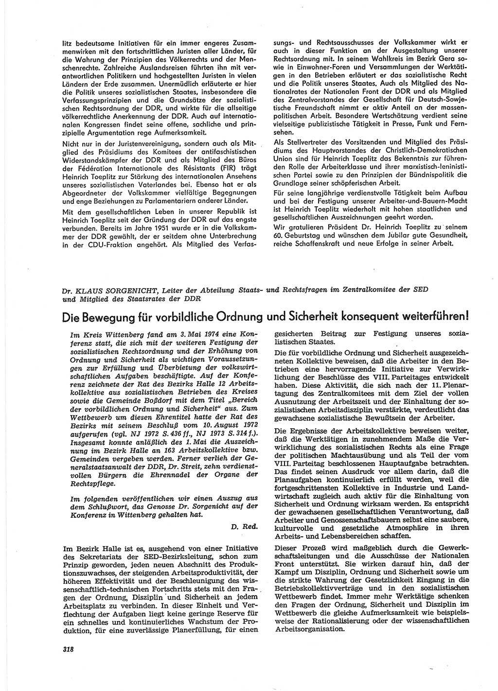 Neue Justiz (NJ), Zeitschrift für Recht und Rechtswissenschaft [Deutsche Demokratische Republik (DDR)], 28. Jahrgang 1974, Seite 318 (NJ DDR 1974, S. 318)