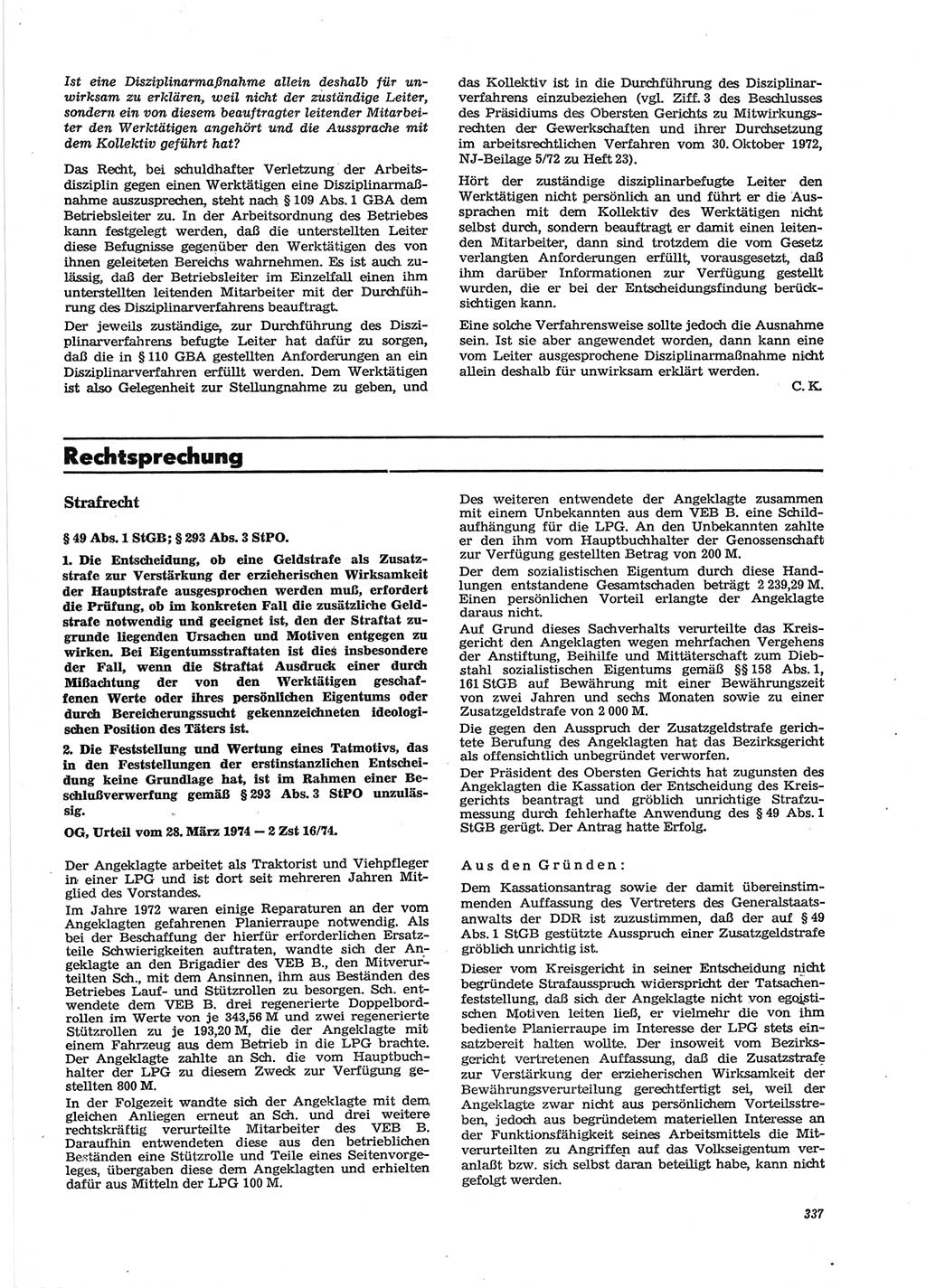 Neue Justiz (NJ), Zeitschrift für Recht und Rechtswissenschaft [Deutsche Demokratische Republik (DDR)], 28. Jahrgang 1974, Seite 337 (NJ DDR 1974, S. 337)