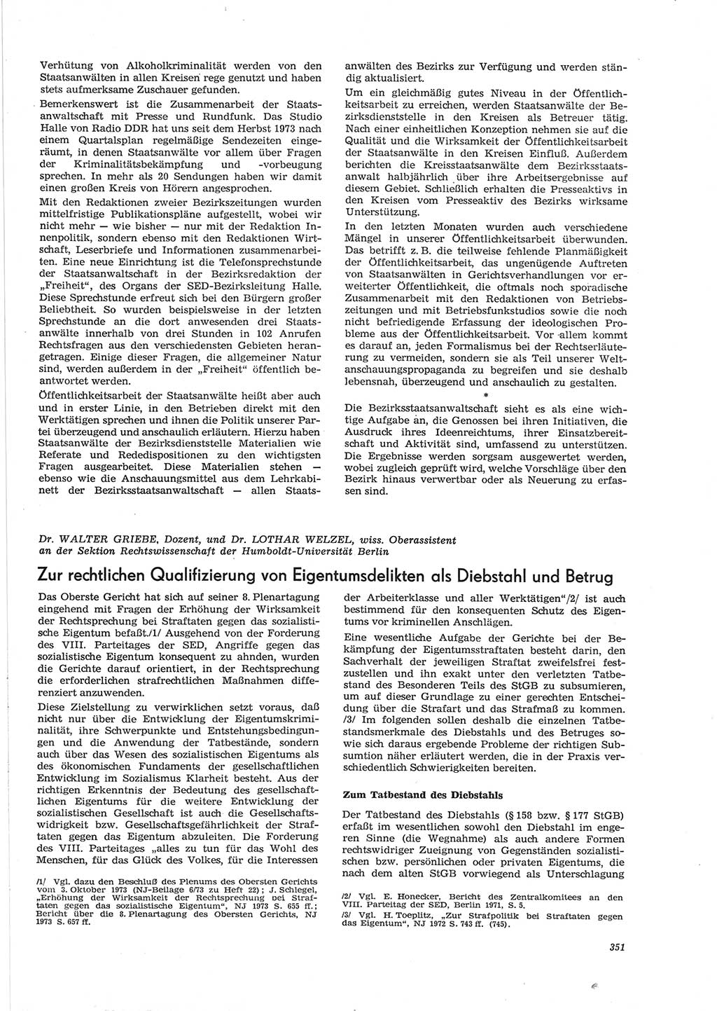 Neue Justiz (NJ), Zeitschrift für Recht und Rechtswissenschaft [Deutsche Demokratische Republik (DDR)], 28. Jahrgang 1974, Seite 351 (NJ DDR 1974, S. 351)