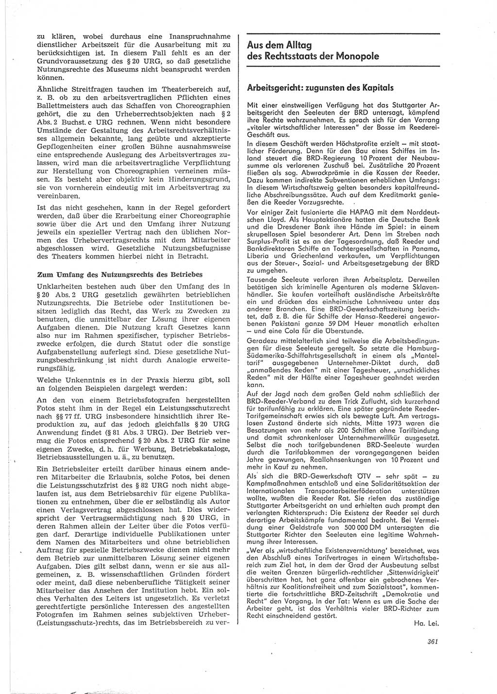 Neue Justiz (NJ), Zeitschrift für Recht und Rechtswissenschaft [Deutsche Demokratische Republik (DDR)], 28. Jahrgang 1974, Seite 361 (NJ DDR 1974, S. 361)